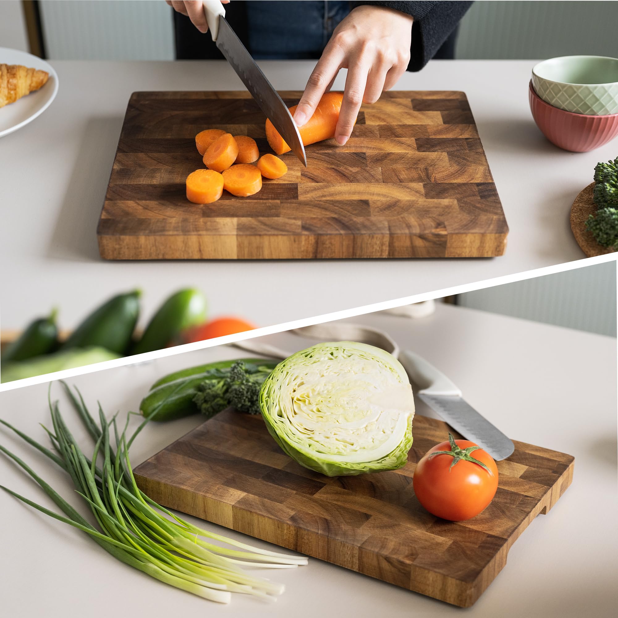COCOBOSS Schneidebrett Holz, Holzschneidebrett,Küchenbrett,aus Akazienholz PREMIUM für Küche,Küchenholzbrett, Rutschfeste Füße (XL)