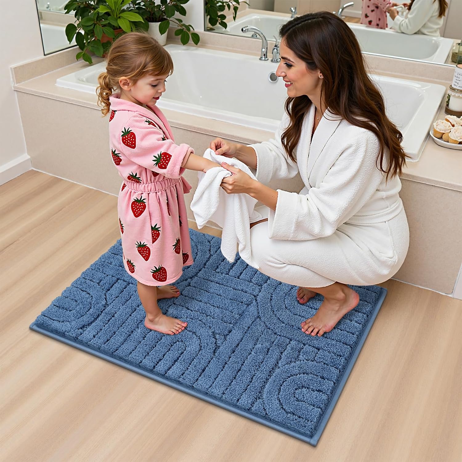 Vaukki Bathroom Mats Sets 3 Pieces, Non Slip Washable Bath Rug Set, Absorbent Bathroom Carpet with U-Shaped Toilet Rug, Microfiber Bath Mats for Shower and Tub (Blue, 18''x26''+20''x32''+20''x24'')