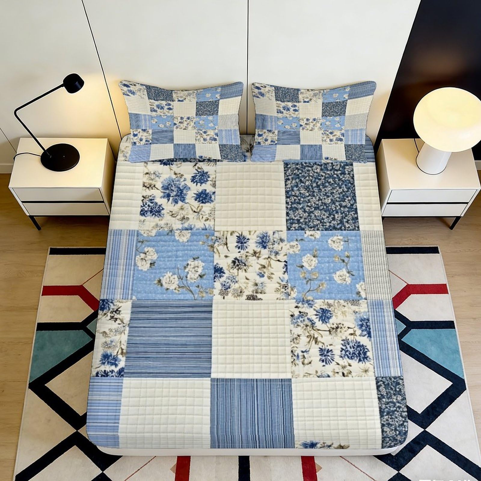3D Printed patchwork Fitted Sheet blue flower geometric, Microfiber soft touch, anti-slip, easy care, apartment bedding, home decor, bedroom, guest room 120x200cm 90x200x25cm