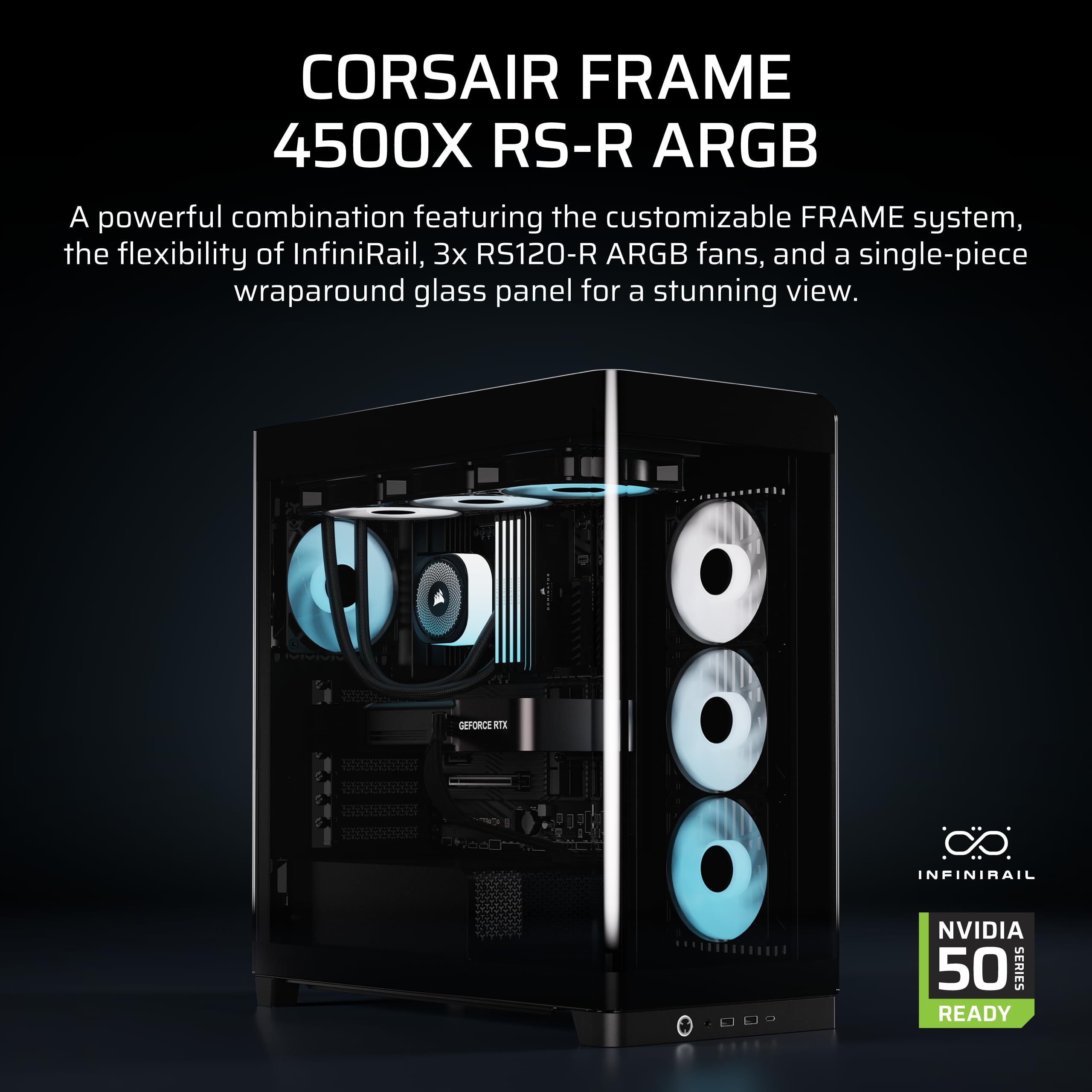 Close-up of the Corsair FRAME 4500X RS-R's panoramic glass panel showcasing internal components.