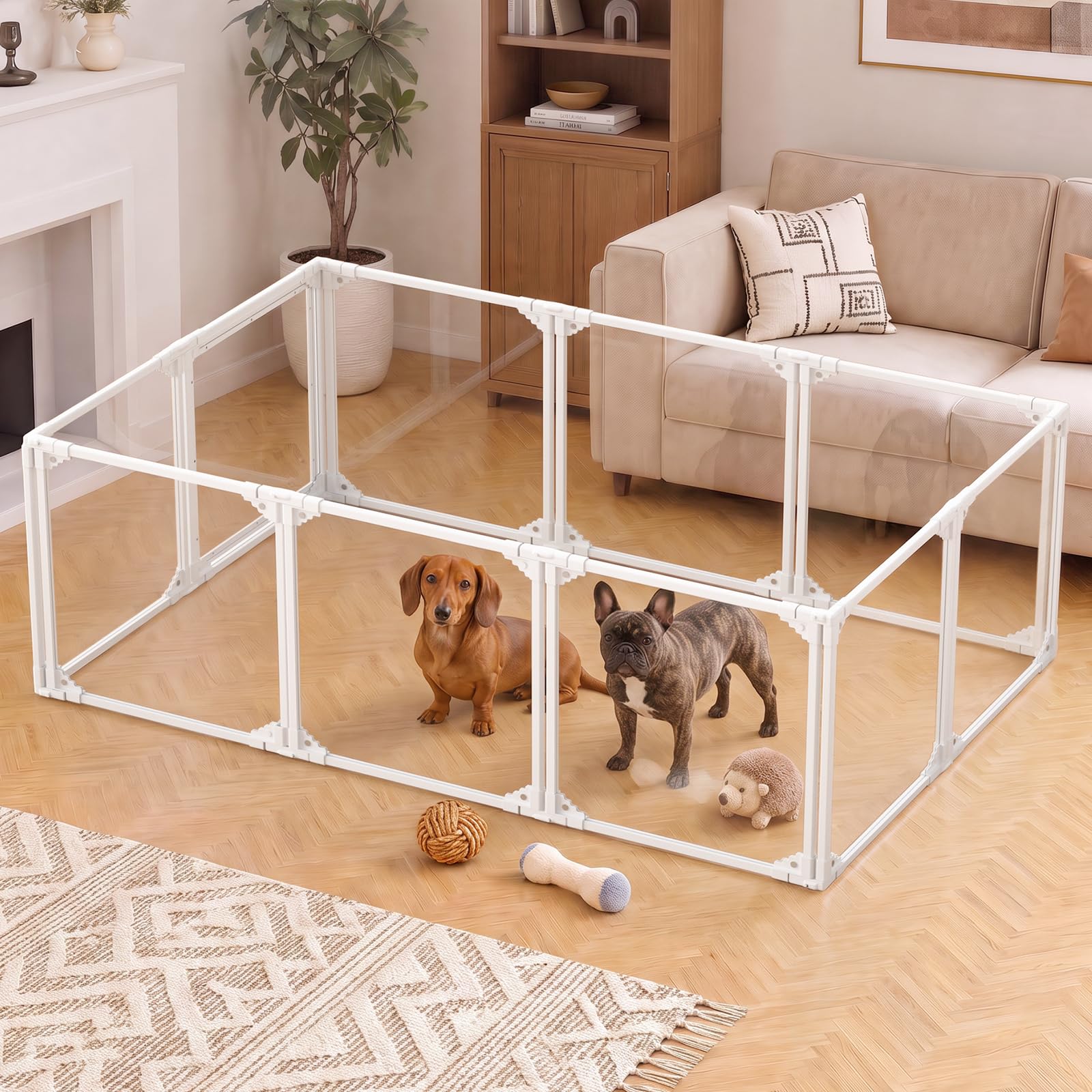 Gardner Pet Przezroczysta płot dla psa, 10 paneli, 60 cm, biała | Metalowa obudowa wewnętrzna z płyty PET, zamknięcie zatrzaskowe i przyssawki, 9 paneli + 1 drzwi dla małych zwierząt