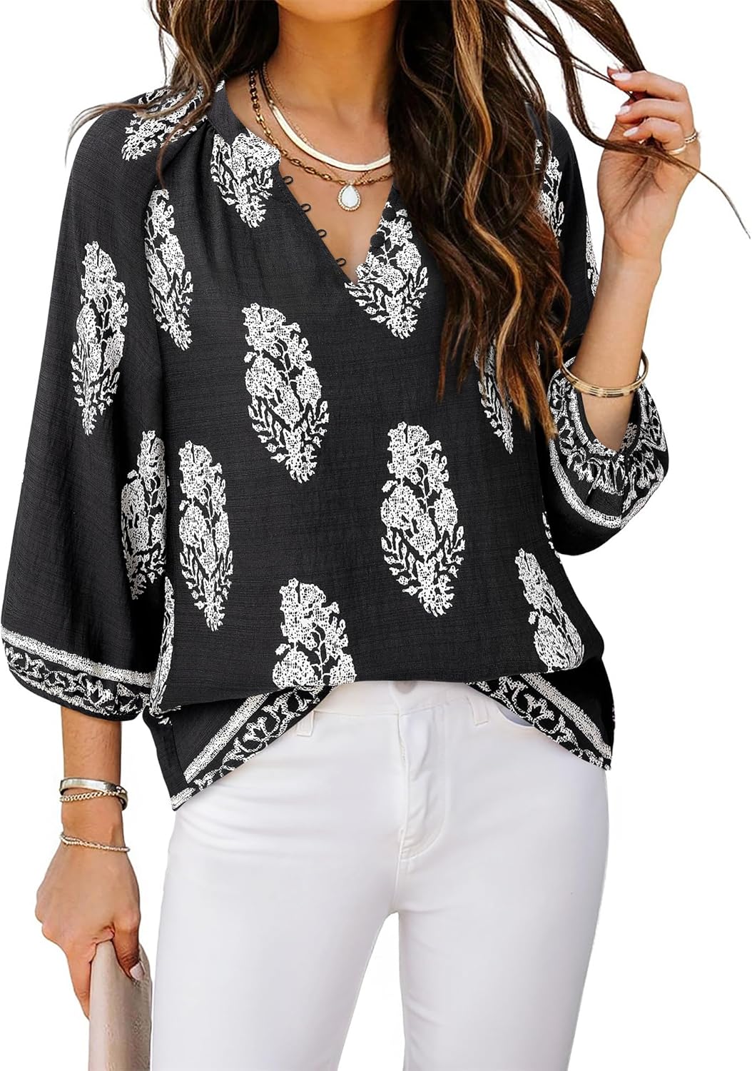 VALOLIA Women's 3/4 Sleeve Blouses Button Down Shirt Business V Neck Casual Clothing Blouses Dressy Casual Chiffon Tops - Image 2