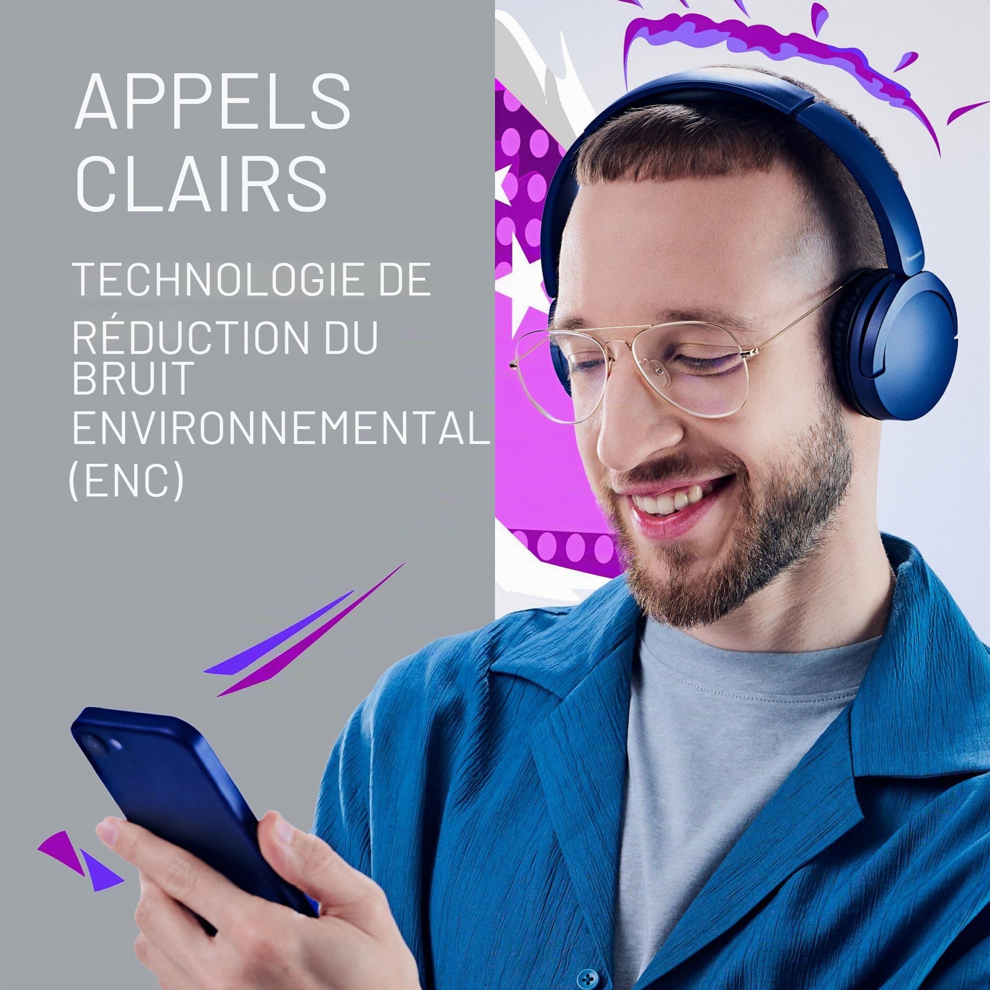 Panasonic HF630, Casque Audio sans Fil Supra-auriculaire, Micro Intégré, Bluetooth 5.3, Multipoint, Design Pivotant, jusqu'à 72 Heures d'Autonomie, USB-C, Bleu