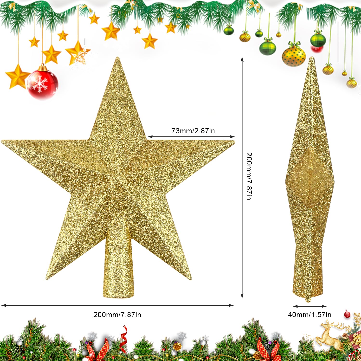 Étoile Lumineuse Pour Sapin De Noël 20 Cm - Topper Pailleté Or Avec Télécommande - 3 Piles AA Non Incluses