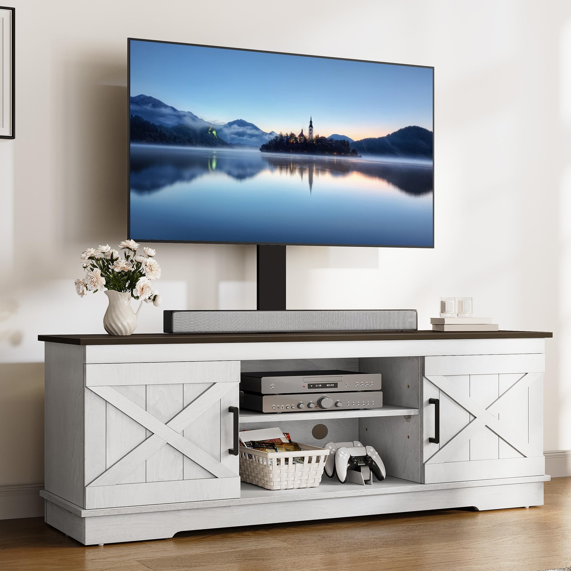YITAHOME TV Stand with Mount for Living Room, Farmhouse TV Stand for 70 inch TV Entertainment Center, Media Console with Height Adjustable Mount, Grey White & Espresso