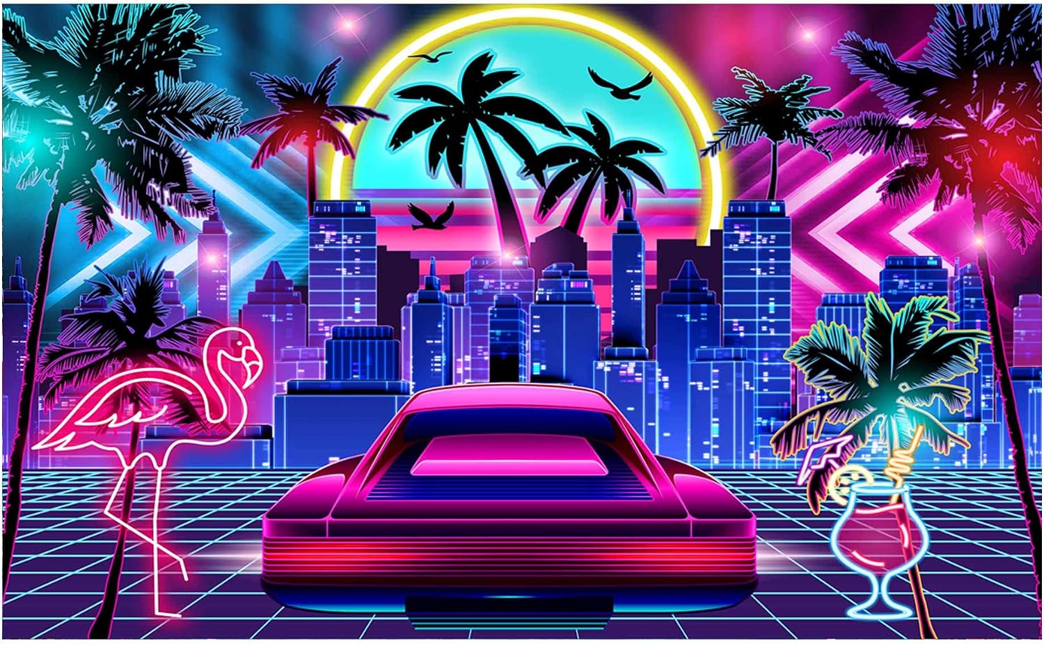 Funnytree 96" x 72" Miami Backdrop for Retro 80s Summer Disco Style Birthday Party Supplies Decoration Tropical Neon City Flamingo Palm Tree Decor Background Photo Booth Banner Props