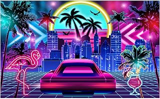 Funnytree Miami Backdrop for Retro 80s Summer Disco Style Birthday Party Supplies Decoration Tropical Neon City Flamingo Palm Tree Decor Background Photo Booth Banner Props
