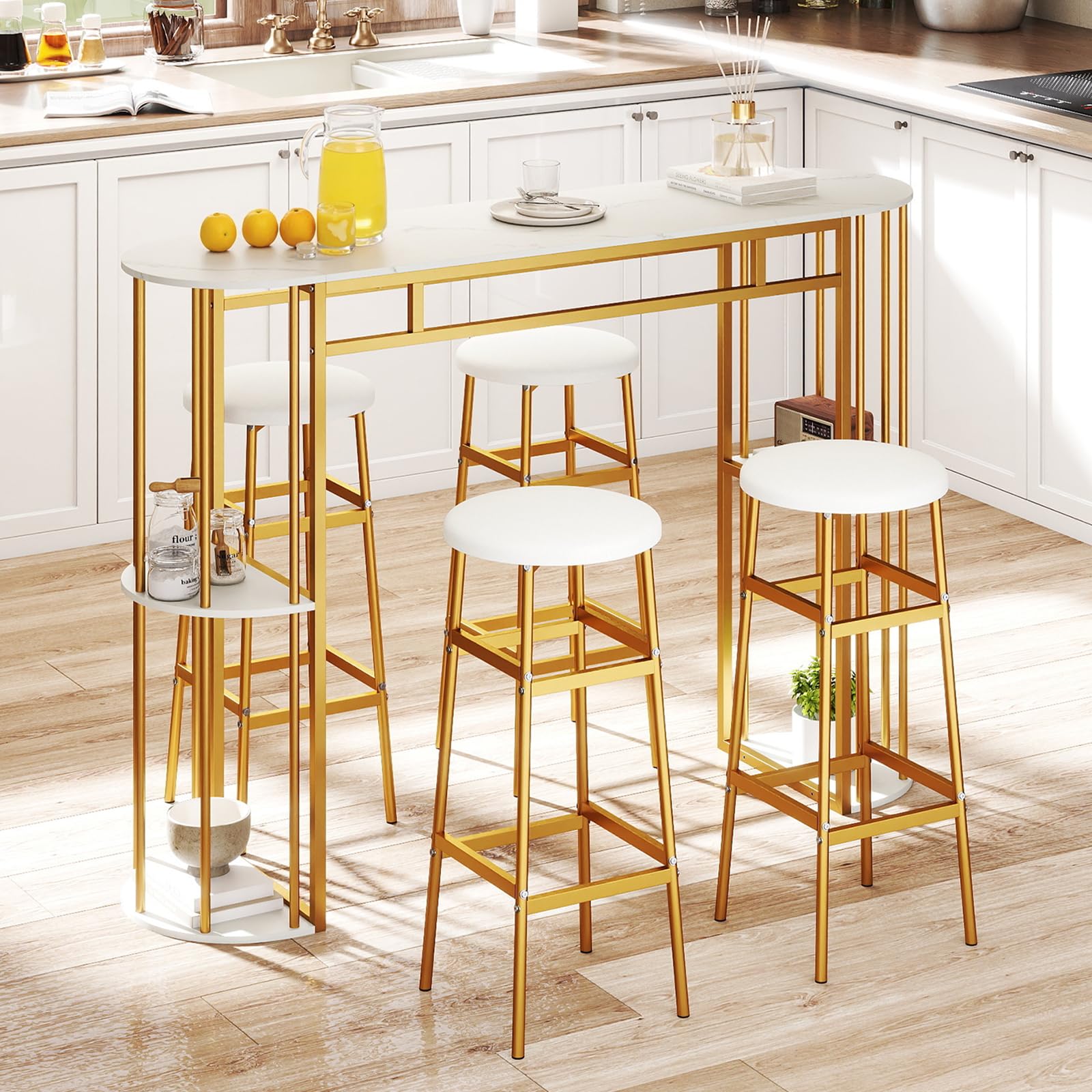 COSTWAY Mesa Alta de Cocina, Mesa Alta de Bar Rectangular con Estantes de Almacenamiento, Estructura Metálica, Encimera Efecto Mármol, Barra Estrecha para Cocina, Bar, 150x40x105 cm (Dorado y Blanco)