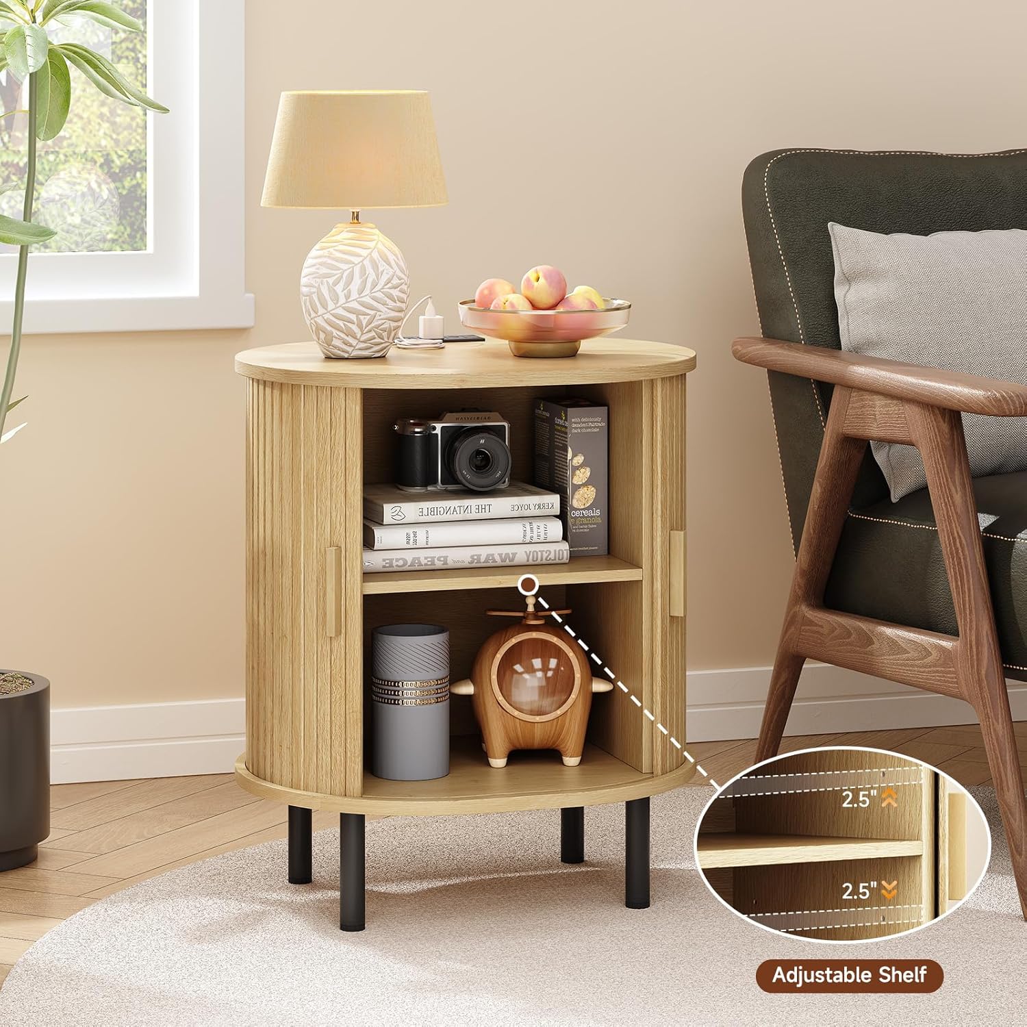 ONBRILL Oval End Table with Storage & Charging Station, Fluted Accent Side Table with Sliding Door & Adjustable Shelf, Mid-Century Modern Nightstand for Living Room, Bedroom, Oak(1-Pack)