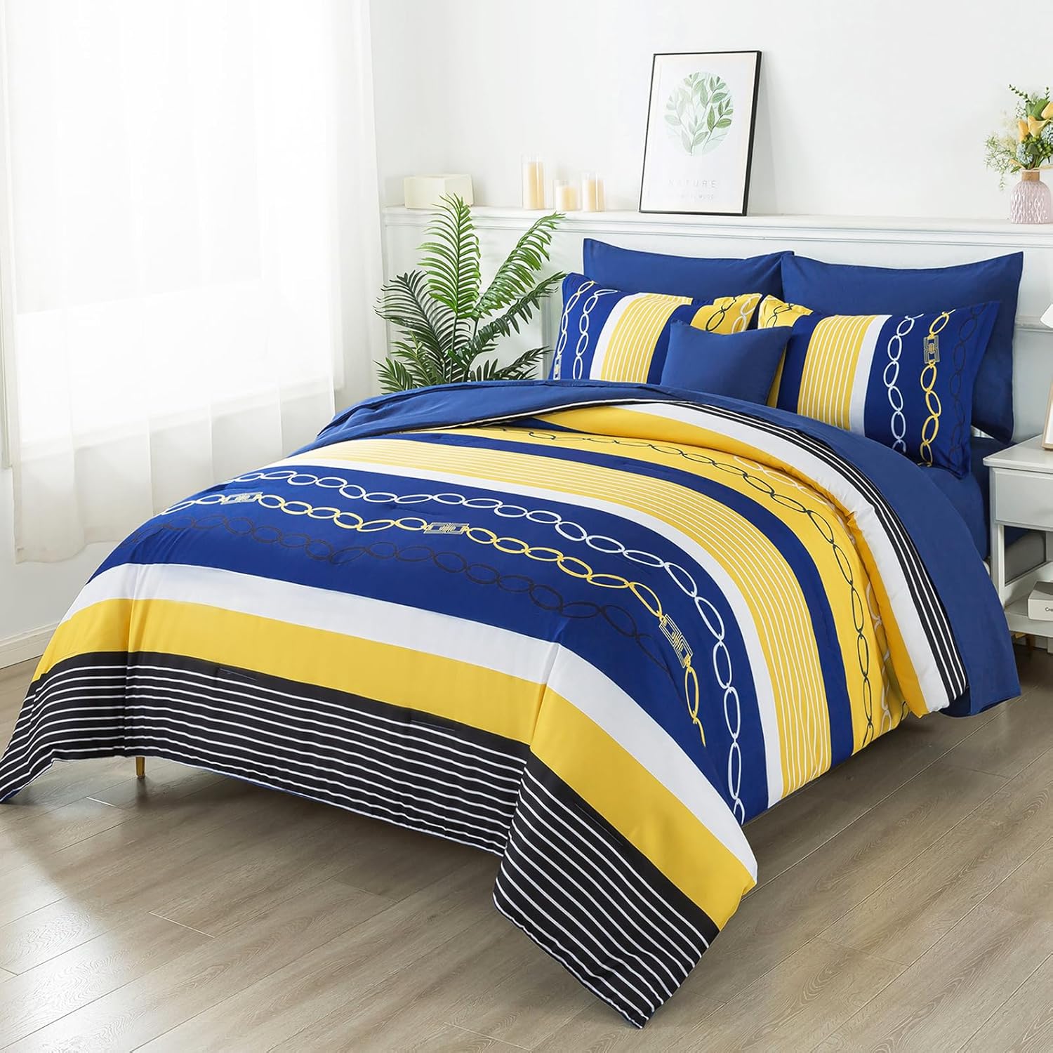 8 Pieces Bed in a Bag Stripe Comforter Set Queen Size,Patchwork Striped Comforter with Sheets Set Soft Microfiber Boho Bedding Sets (Blue Yellow)