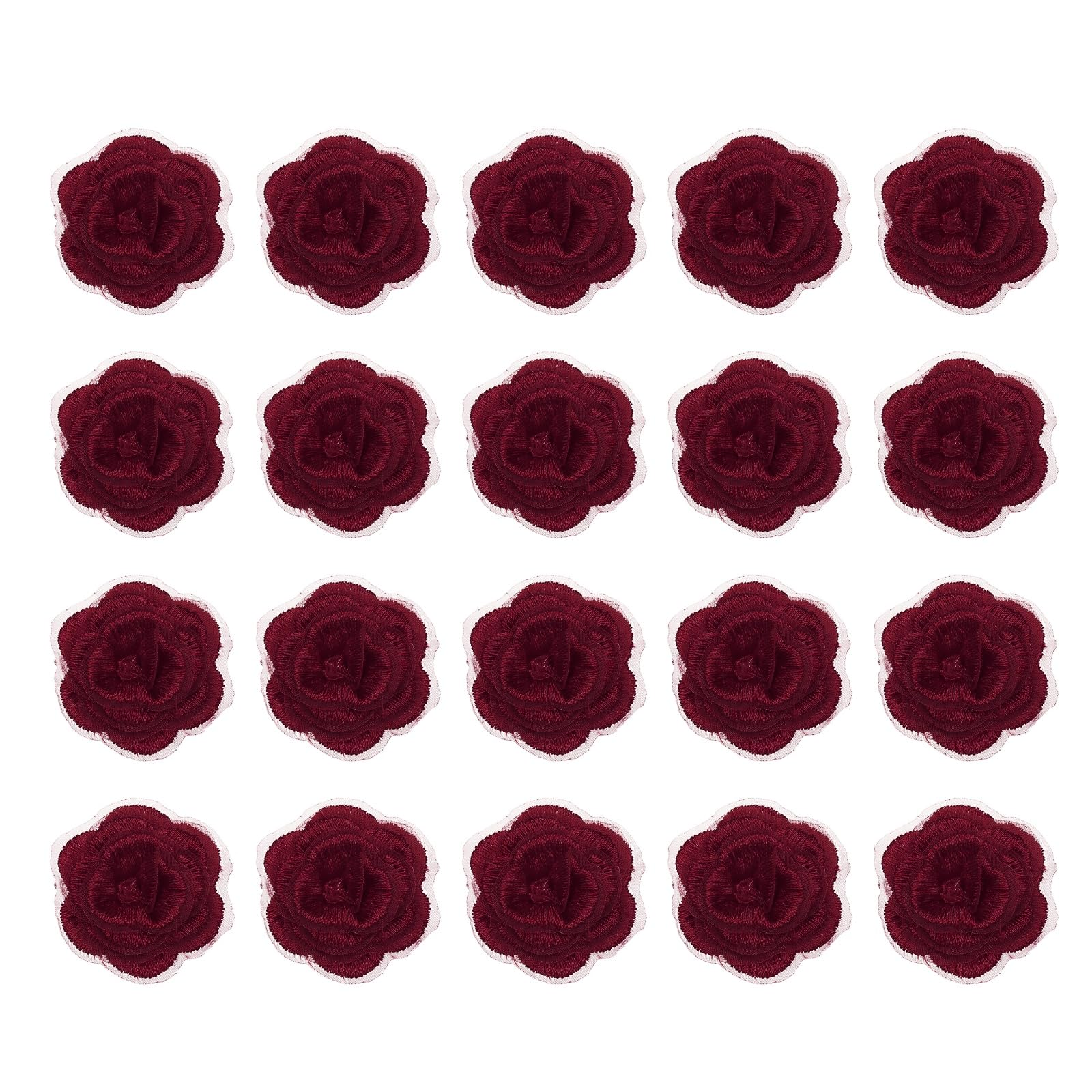 sourcing map 20 Pcs Floral Applique, 3D Flower Lace Applique Sew on Patch Embroidery Floral for Clothes Dresses Hair Ornaments Sewing DIY Craft Decoration, 4cm Burgundy