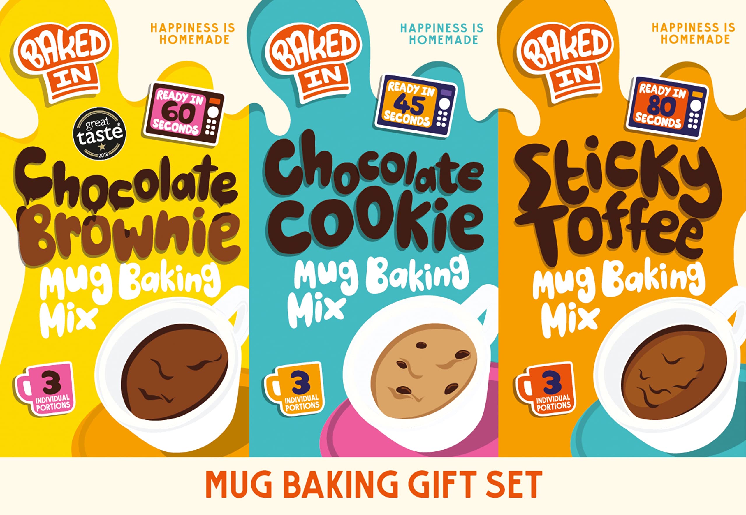 Bakedin - Mug Cake Gift Set - Delicious and Easy to make - 9 Mug Cake mixes (3 Mug Brownie mixes, 3 Mug Cookie mixes, 3 Sticky Toffee Mug Pudding mixes) - 505g - Packaging may vary