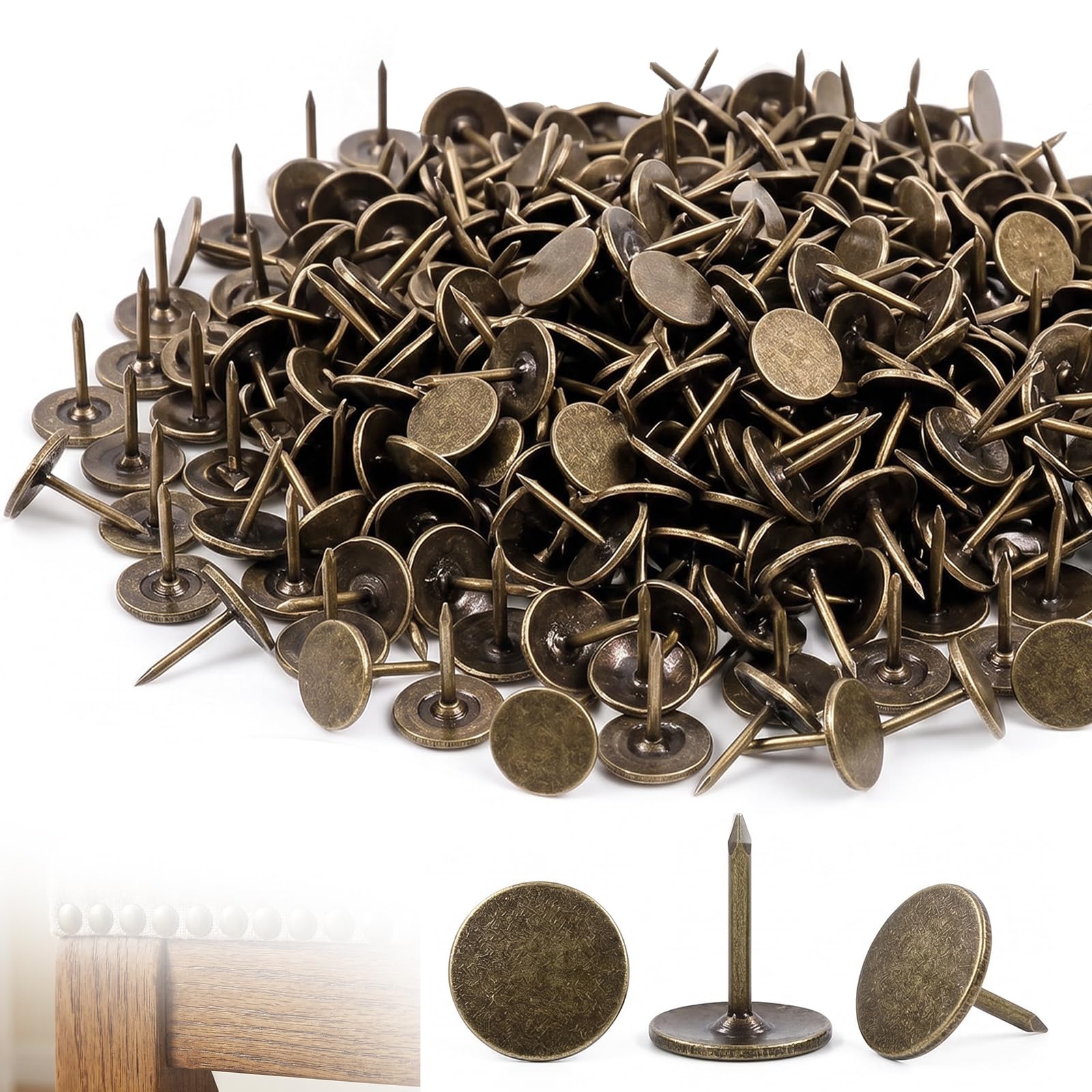 300PCS Upholstery Tacks, Tacks for Wood Long Thumb Tacks Upholstery Pins Carpet Nails for Wall Home Office DIY Wooden Photo, Bronze