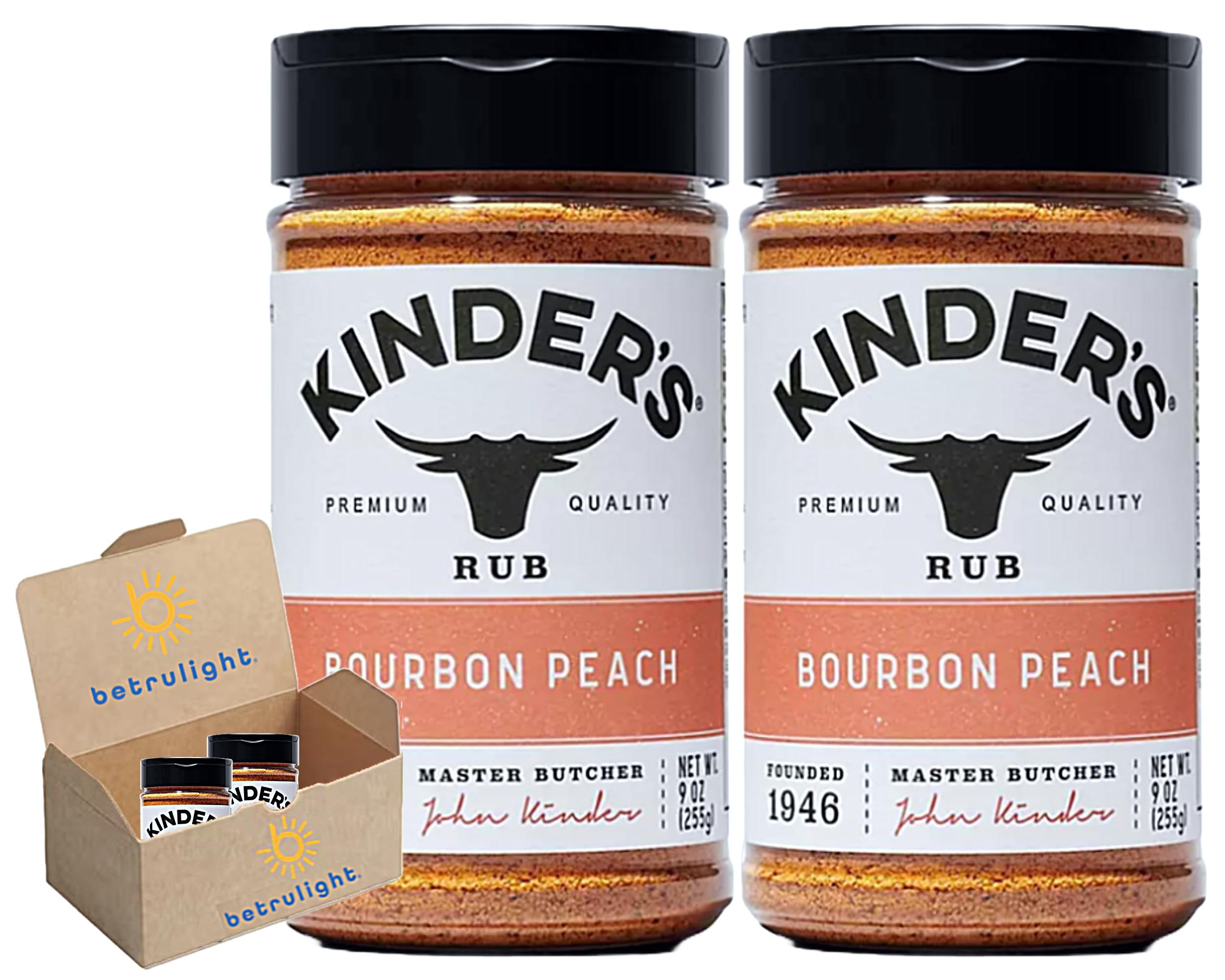 Kinders Seasoning Bourbon Peach Premium Rub and Seasoning (9 oz.) is Gluten Free, Non-GMO, and No Added MSG Keto Friendly Kinder’s Seasoning Bundled with Betrulight Fridge Magnet – 2 Pack