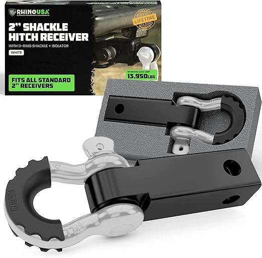 Rhino USA Shackle Hitch Receiver (Fits 2" Receivers) Best Towing Accessories for Trucks, Jeep, Toyota & More - Connect Your Rhino Tow Strap for Vehicle Recovery, Mounts to 2" Receiver Hitches (White)
