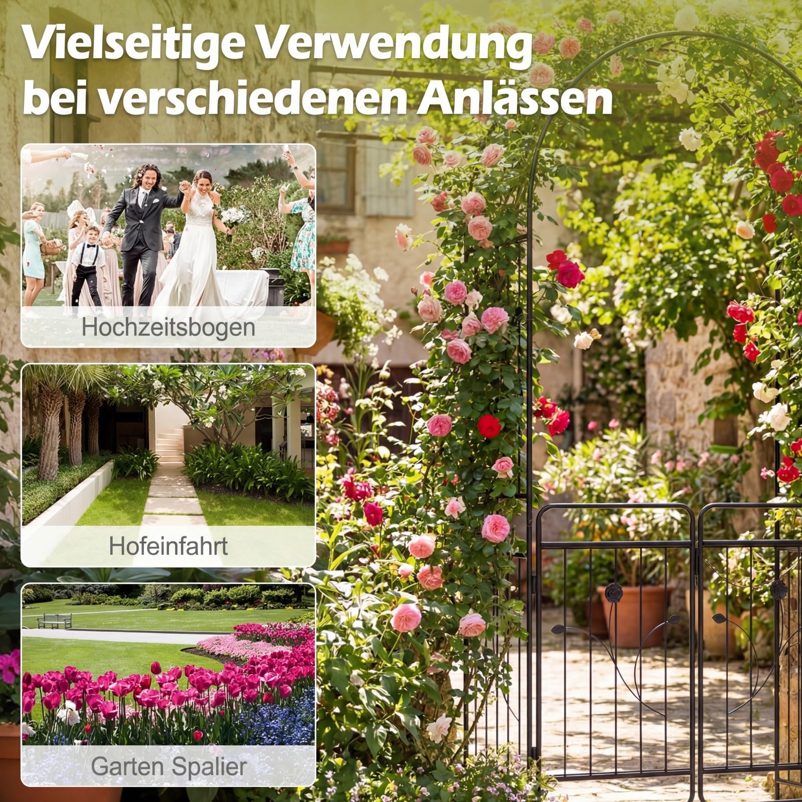 COSTWAY Rosenbogen mit Tür, Gartenbogen aus Metall stabil, Torbogen Garten, Rankbogen für Kletterpflanzen, Rankhilfe Rankgitter Rundbogen, inkl. Erdspieße, für Hochzeit Partys (102 x 49,5 x 223 cm)