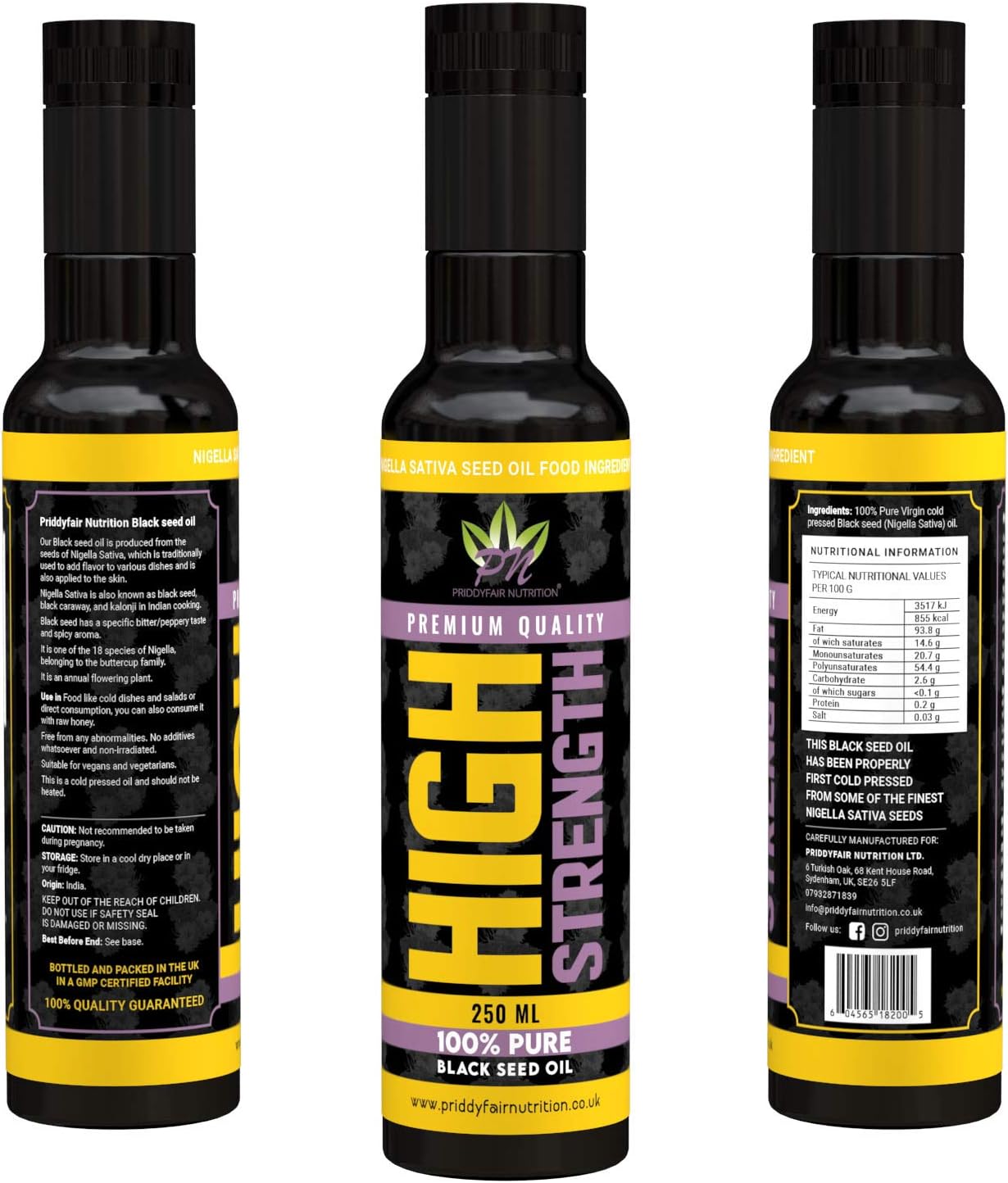 Black Seed Oil Cold Pressed 250ml High Strength Pure Virgin Oil from Organically Grown Nigella Sativa BlackSeed Blessed Cumin Seed Oil - Glass Bottle with a Free Priddyfair Nutrition Sachet Raw Honey