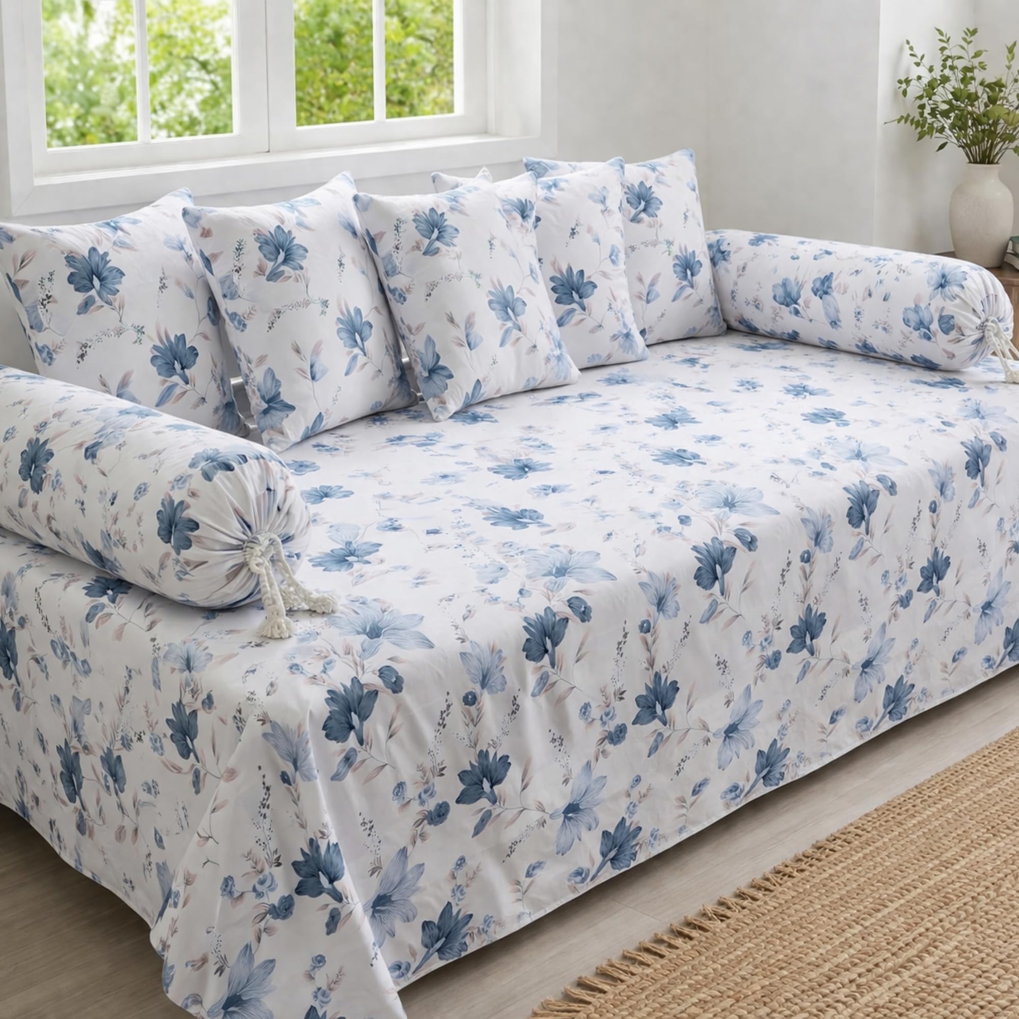 Soft Cotton 8-Piece Diwan Set - 1 Single Bedsheet (60x90 in) with 5 Cushion Covers (16x16) and 2 Bolster Covers (16x32) - Floral Printed Decorative Bedspread for Living Room – Ivory Flower