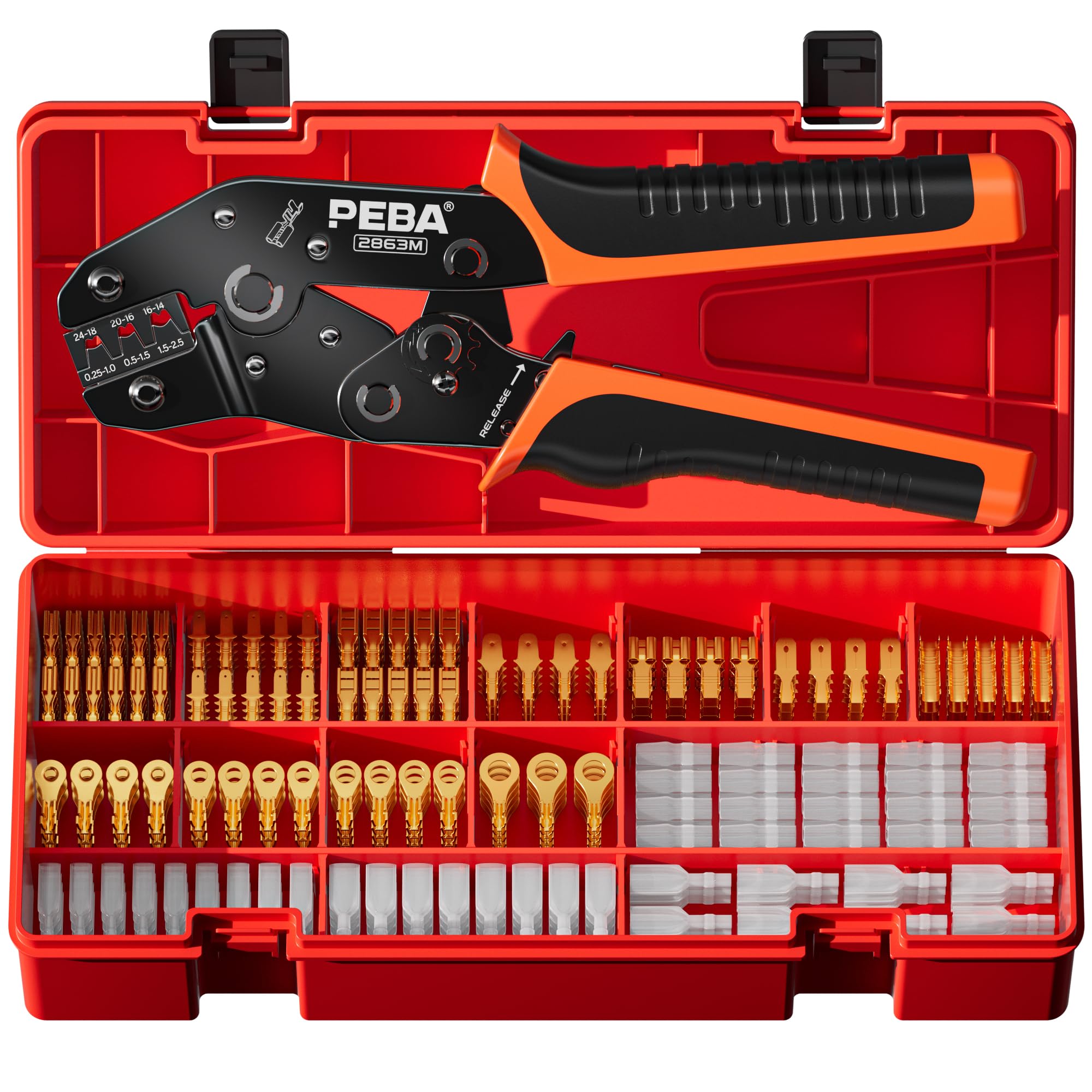 PEBA Open Barrel Crimping Tool Kit - 10 Sizes Quick Splice Male and Female Wire Spade Connectors with Ratcheting Crimper AWG 24-14, Ring Terminals for