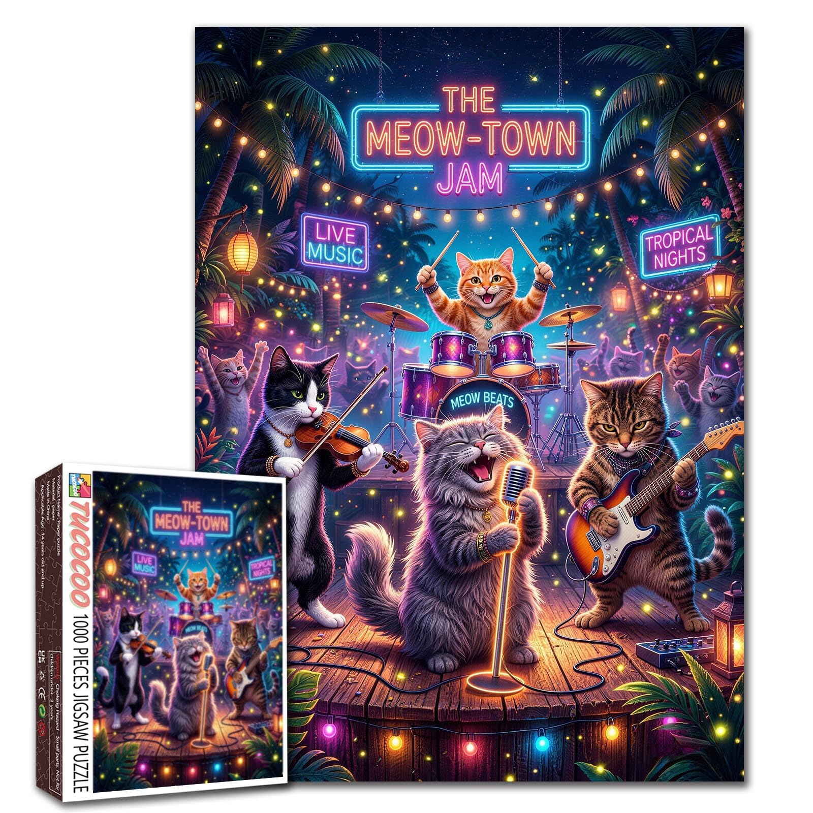 The Cat Band Puzzle Neon Music Theme Jigsaw Funny Animal 1000 Pieces Puzzles for Adults Beginner Neon Light Puzzle Challenging Family Activity Games DIY Crafts Puzzle for Home Decor Gifts