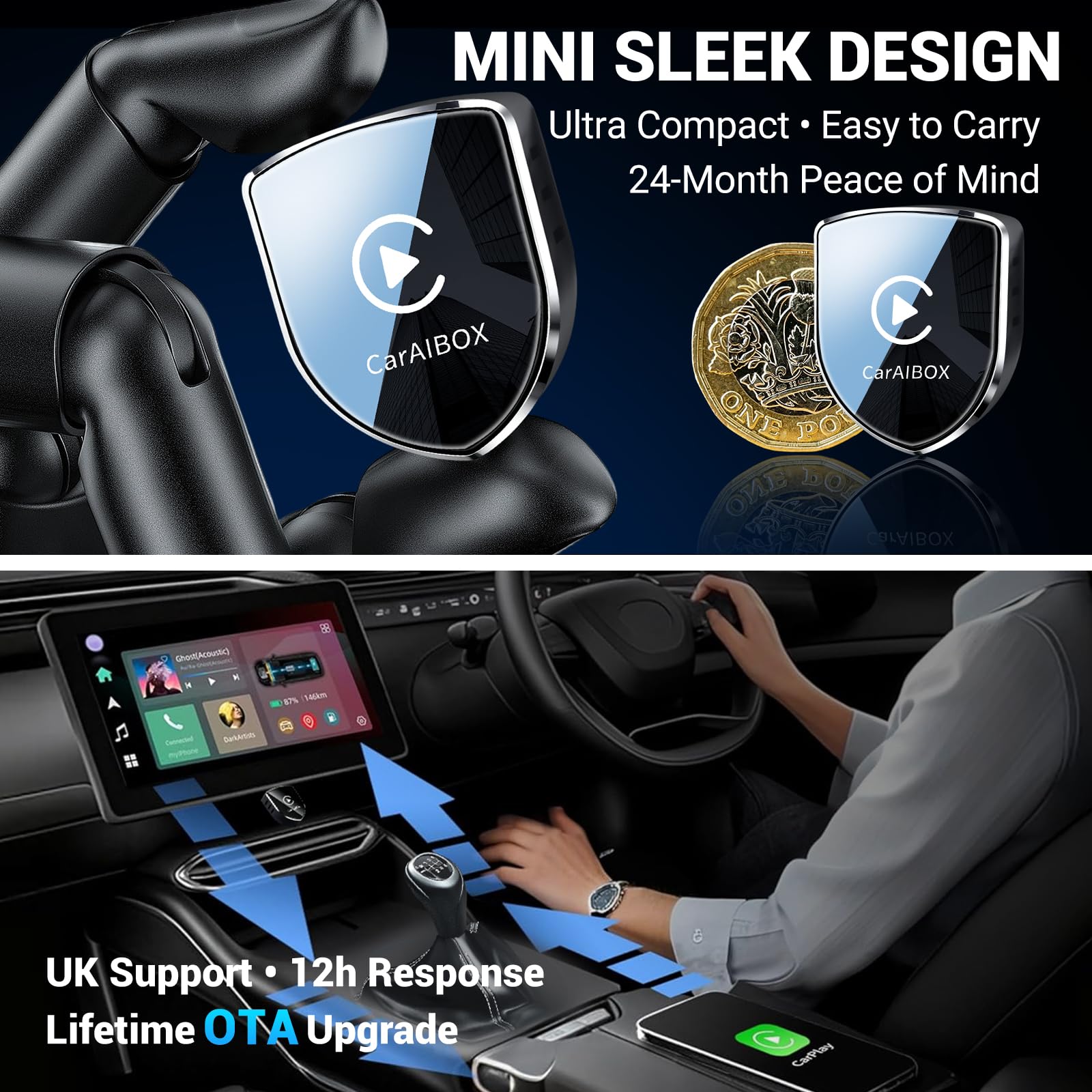Wireless CarPlay Adapter UK - 2026 Apple Car Play Wireless Adapter, 2-in-1 Android Auto Dongle, Mini Plug & Play for Wired CarPlay, USB-A & C, WiFi 6 No Lag Auto-Connect — view 2