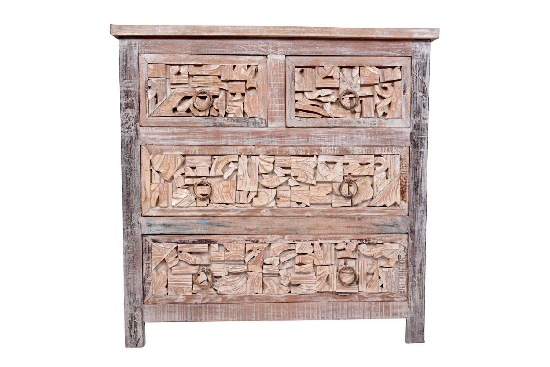 Cómoda tallada a mano de madera maciza con cuatro cajones de 90x90x40 cm