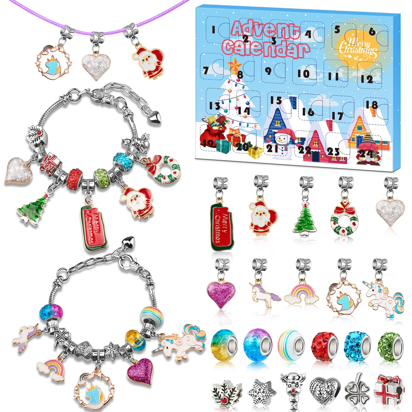 Advent Calendar 2024 Girls, Unicorn & Christmas Themed Charm Bracelets Advent Calendars for Kids Teens 4-12, Best Friends Jewelry Making Kit Craft Toys Countdown Advent Calender for Teenagers & Women