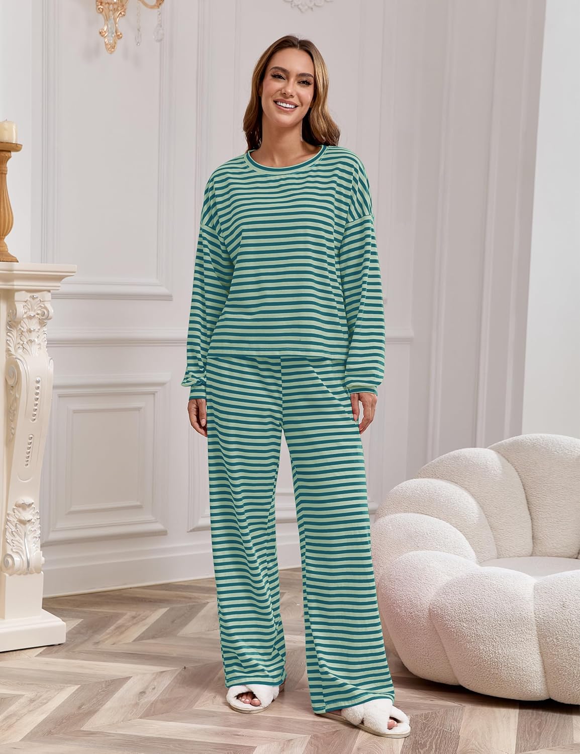 MISSACTIVER Women's Striped 2 Piece Lounge Set Casual Long Sleeve T-Shirt Drawstring Wide Leg Pants Matching Pajamas Set