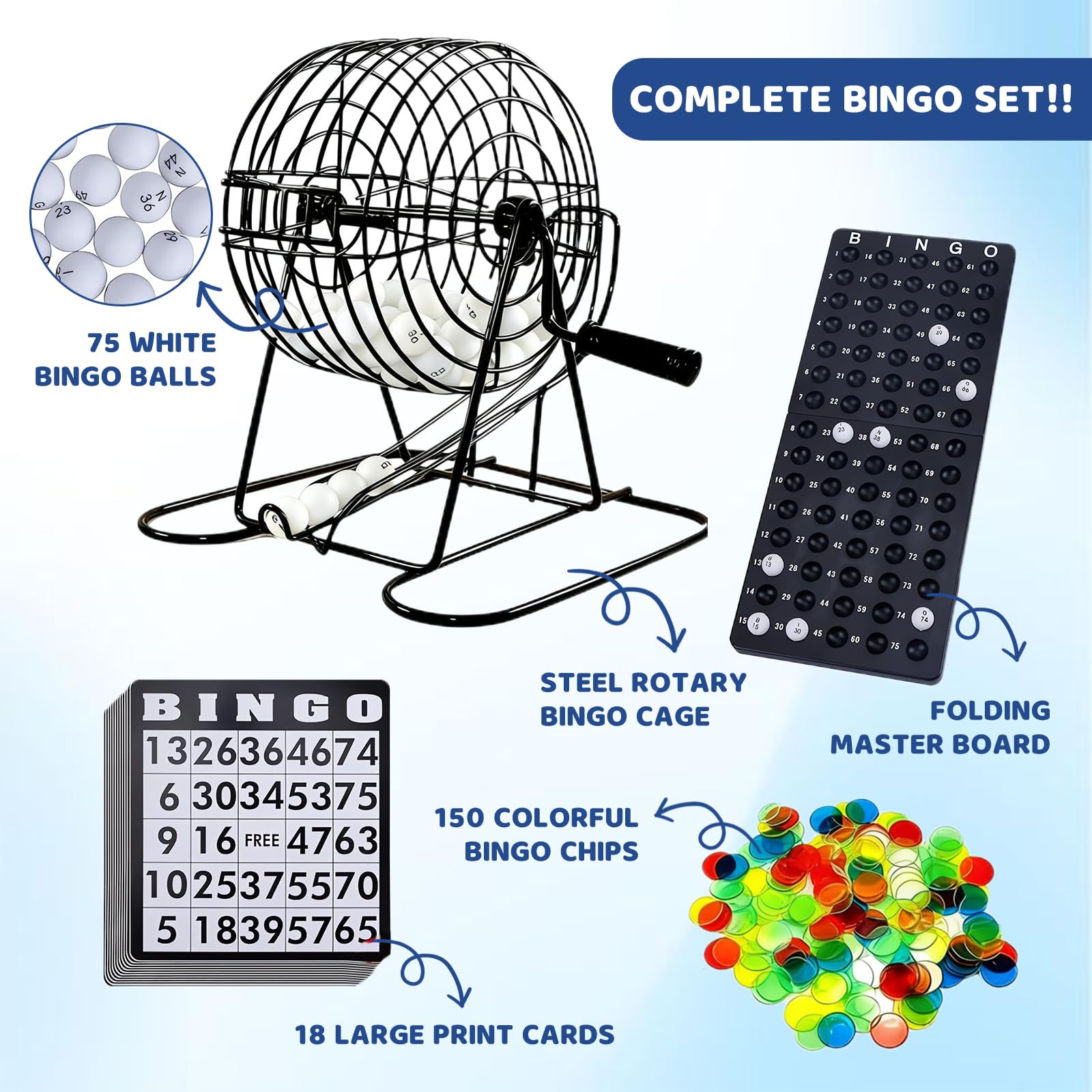 Juego de Bingo Completo – con Tambor Metálico, 75 Bolas Numeradas, 18 Cartones y 125 Fichas – Juego de Mesa para Adultos, Mayores y Niños – Ideal para Fiestas y Noche en Familia (Negro)