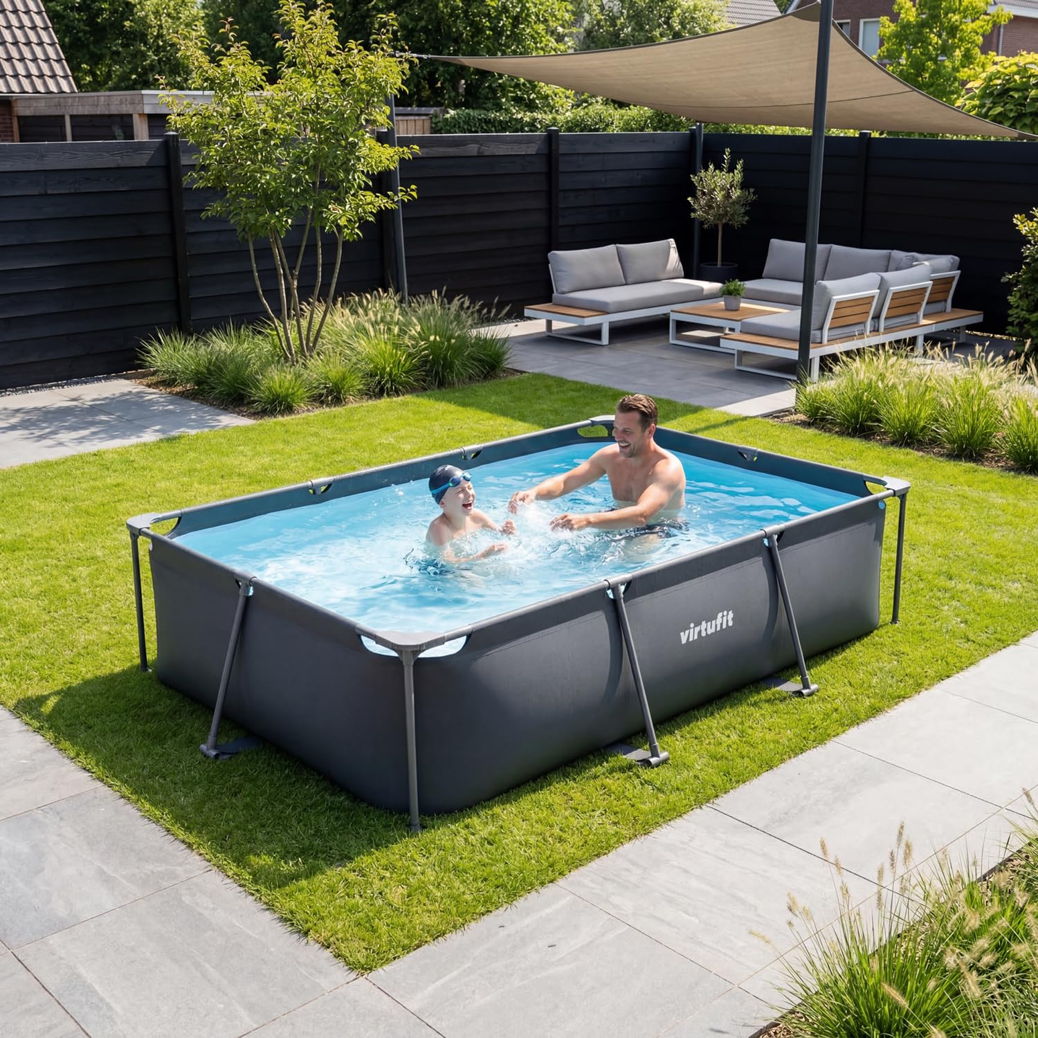 VirtuFit Piscina (nero, 300 x 210 x 66 cm (INKL. Filterpumpe), Rettangolare)