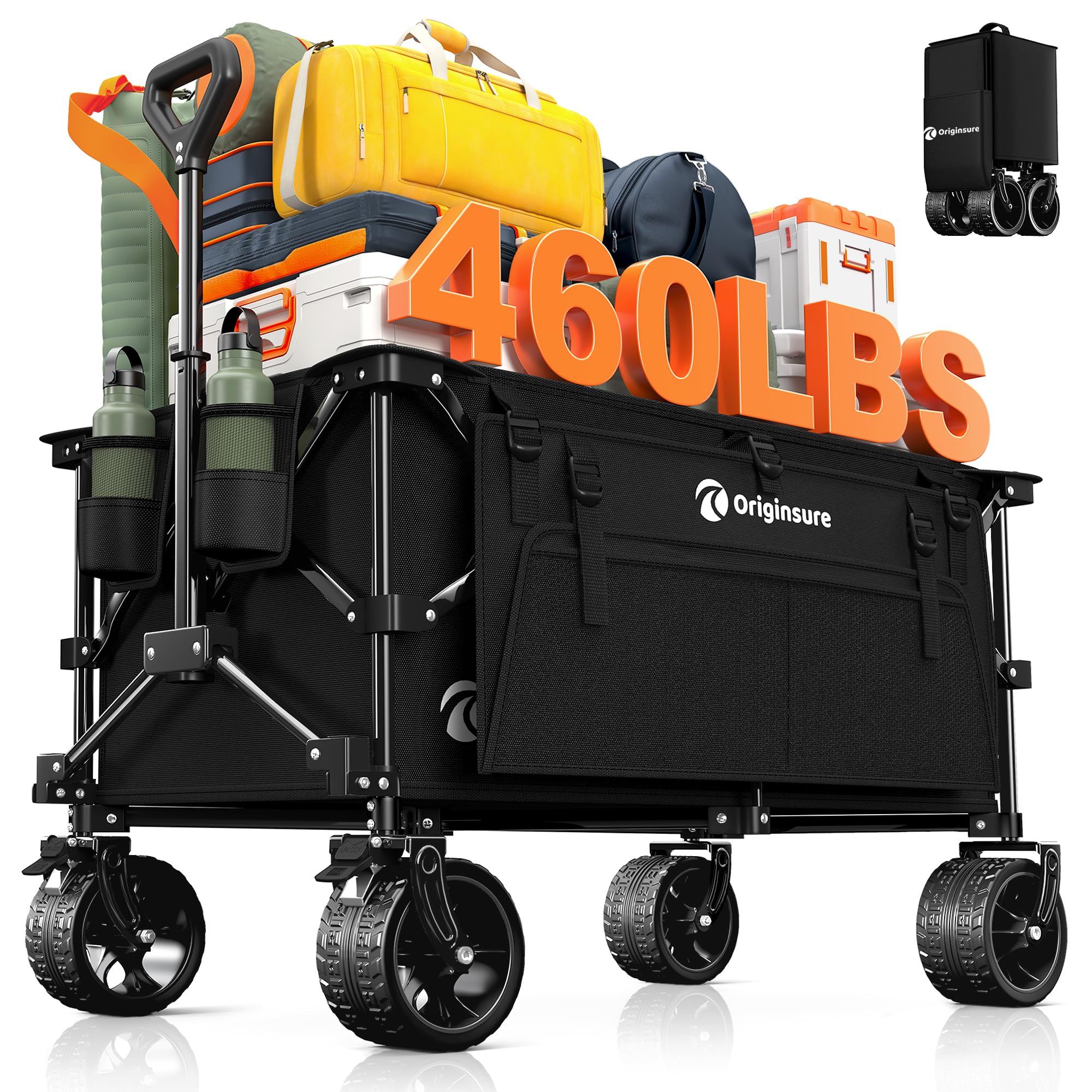 220L Collapsible Wagon Cart Foldable, 460LB Load Capacity Heavy Duty Folding Beach Wagons with Big All-Terrain Wheels, Utility Carts for Groceries, Shopping, Camping, Sports - Black