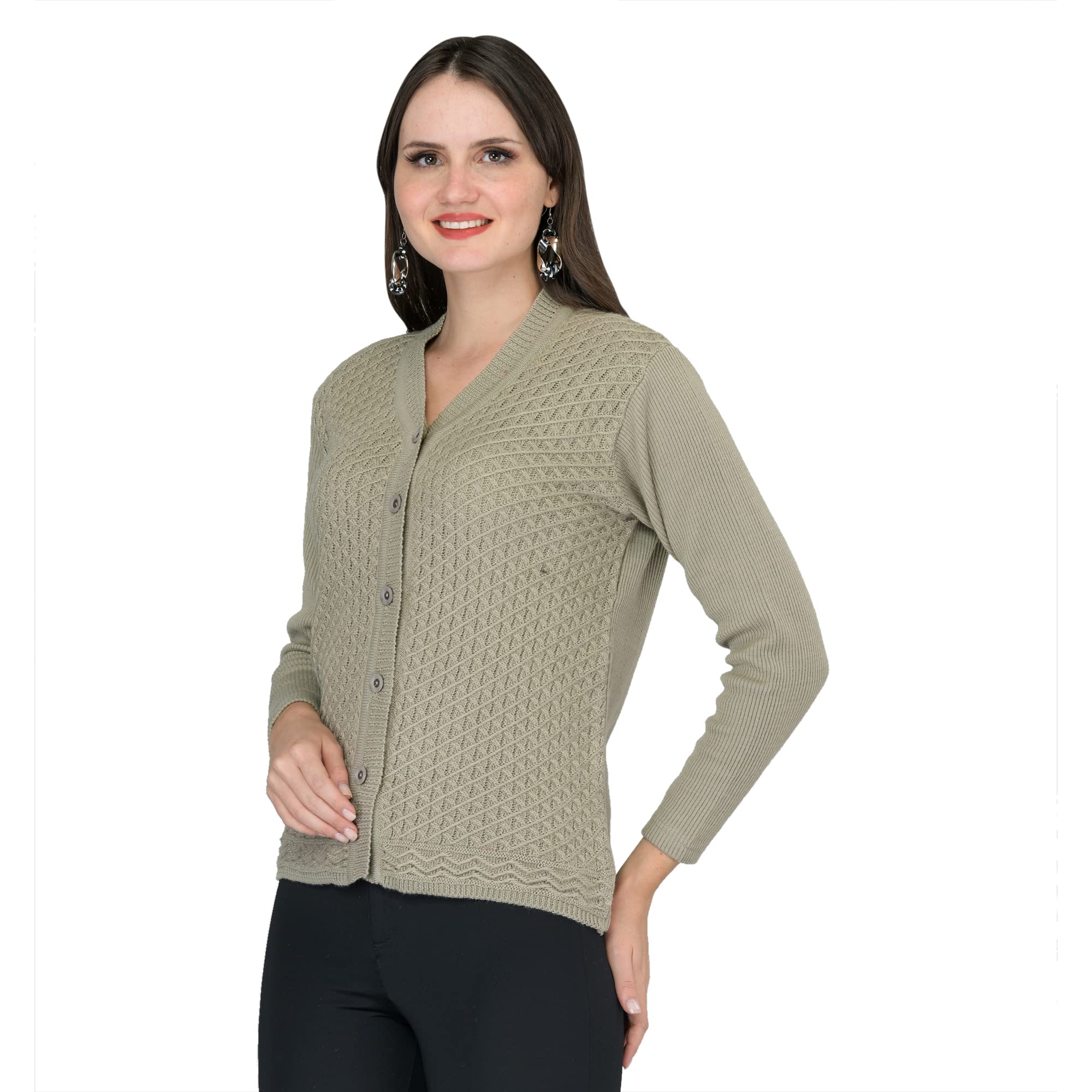 lady willington Women's Woolen V-Neck Self Design Cardigan - Heavy Daffodil Fabric Winter Wear Pure Wool Cardigan for Women - Free Sizes (L, Dusty Green)-picture-53
