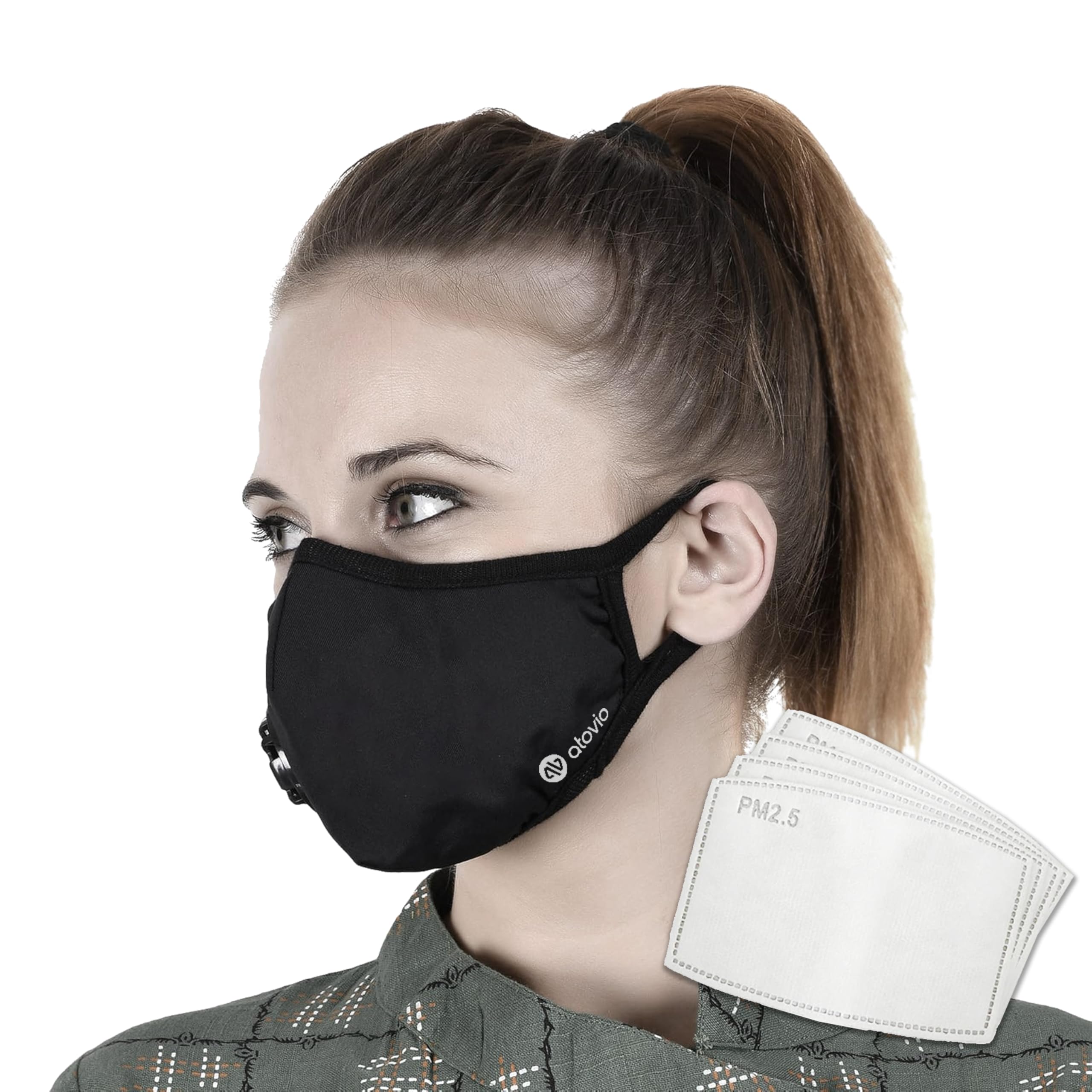 atovio Nova N99 Anti-Pollution Face Mask with 8 Replaceable Activated Carbon Filters, Washable & Reusable Respirator Mask with Breathable Air Valve | 6 Layer Filtration (Black, Large)