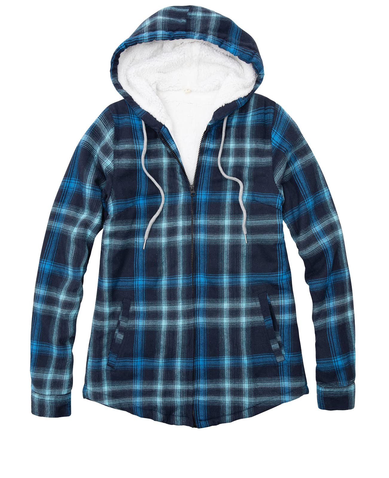 Womens Sherpa Lined Flannel Jacket Full Zip Up Hooded Flannel Plaid Shirt Jacket with Side Pockets