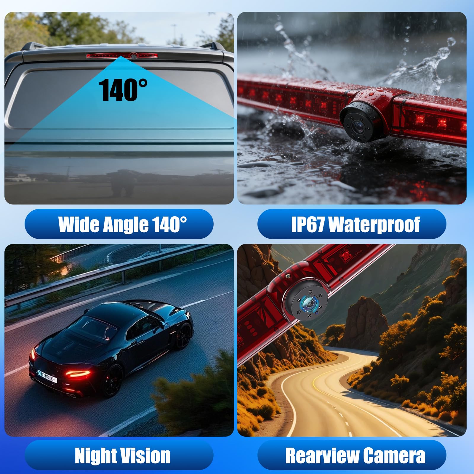 Telecamera Posteriore per Universal Flat Rear Door Models, Telecamere Posteriori con Terza luce di stop, Visione Notturna, Impermeabile IP67, Angolo Regolabile, con Linea di retromarcia