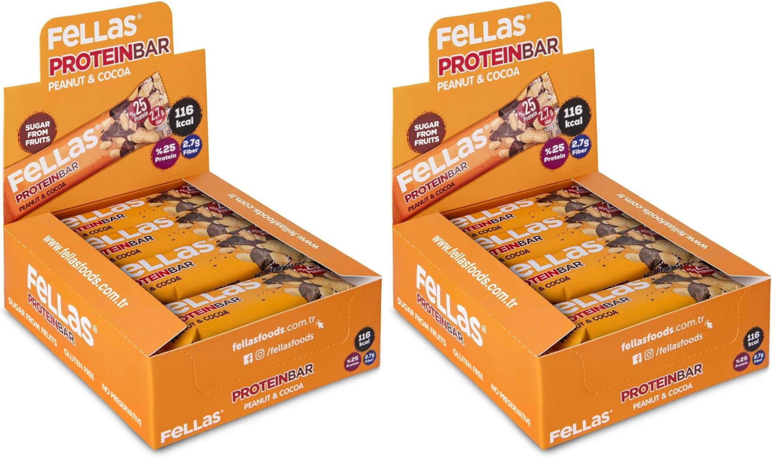 Fellas Protein Bar, Yer Fıstıklı ve Kakaolu, 32gr x 12 Adet (2 paketi)