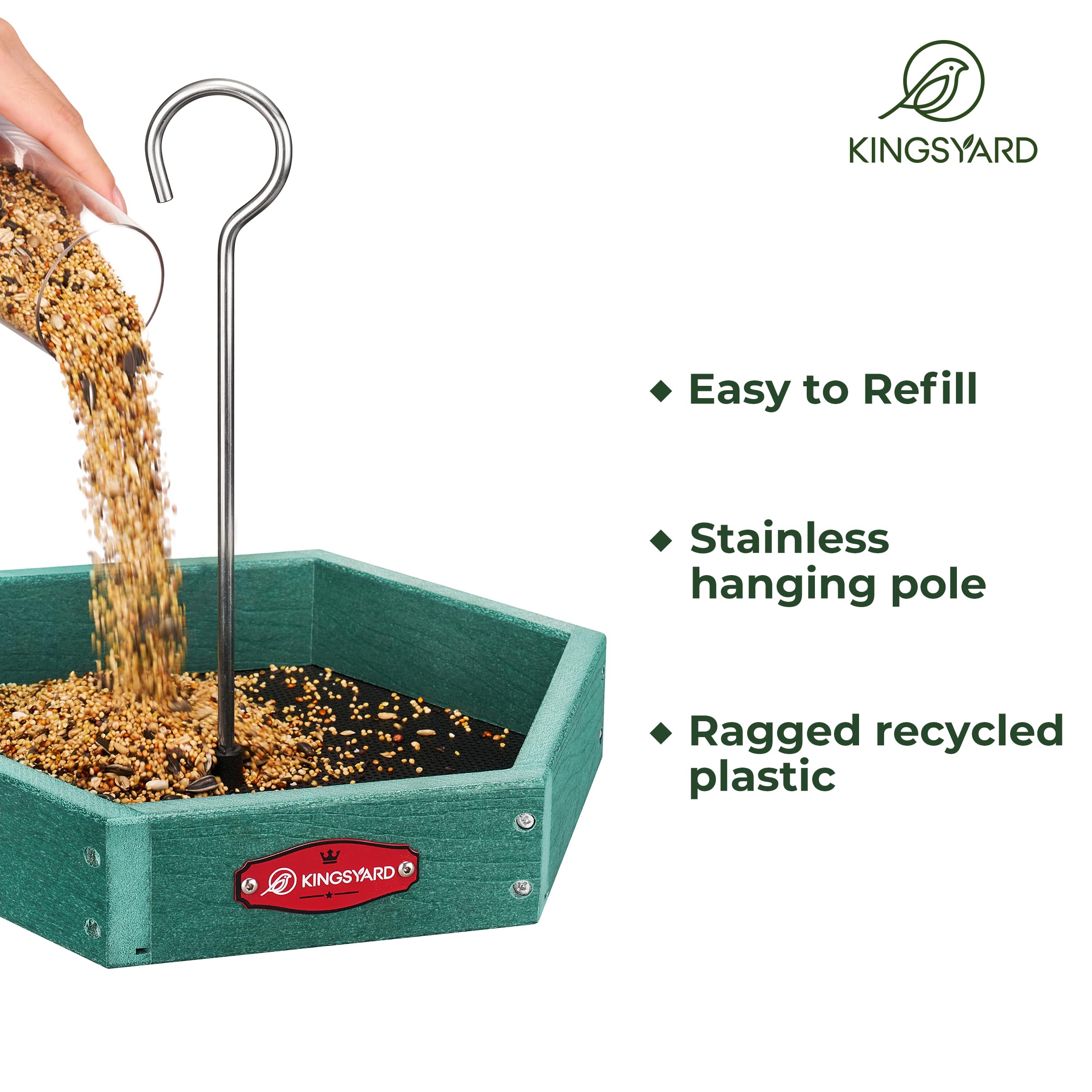Kingsyard Comedero colgante para pájaros para exteriores, estación de alimentación de plástico reciclada resistente para pájaros silvestres con bandeja de malla de metal y poste colgante de acero