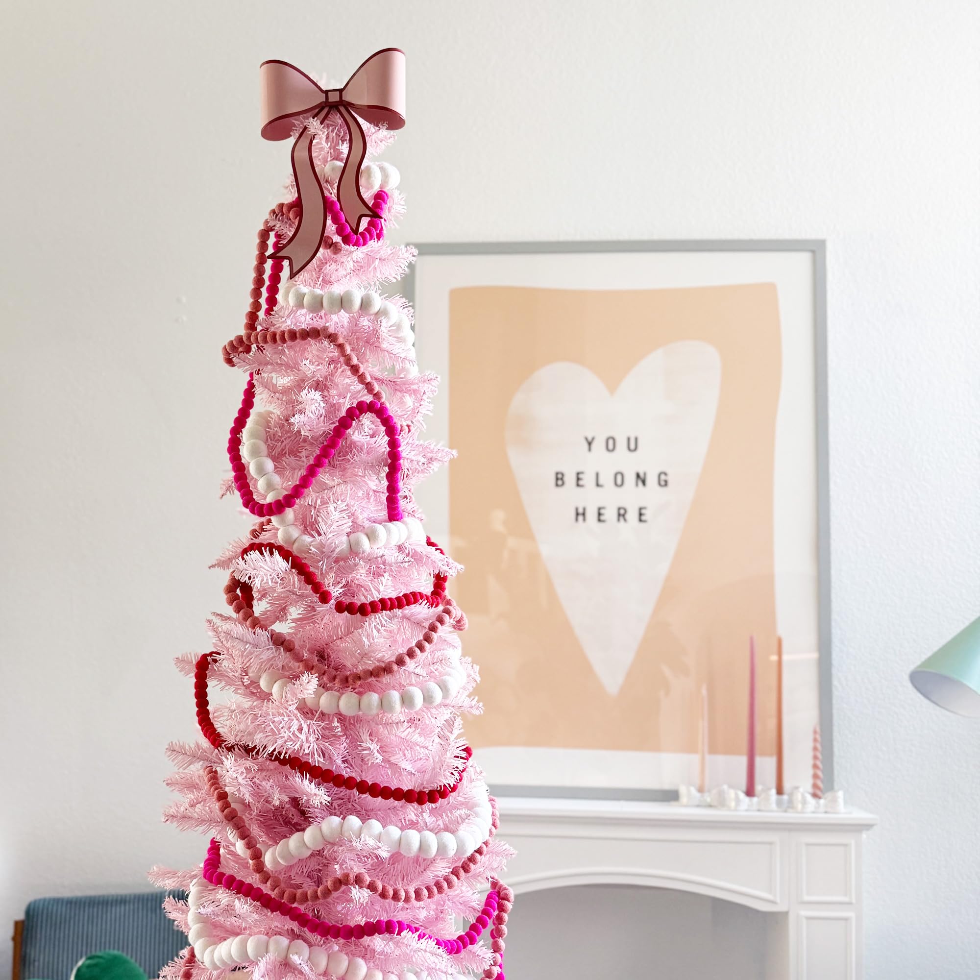 Guirnalda de pompones rosas, mini guirnalda de bolas de fieltro de 6 pies, 100 % lana, pancarta de bola rosa para despedida de soltera, banderines de cumpleaños, decoración de fiesta galentina