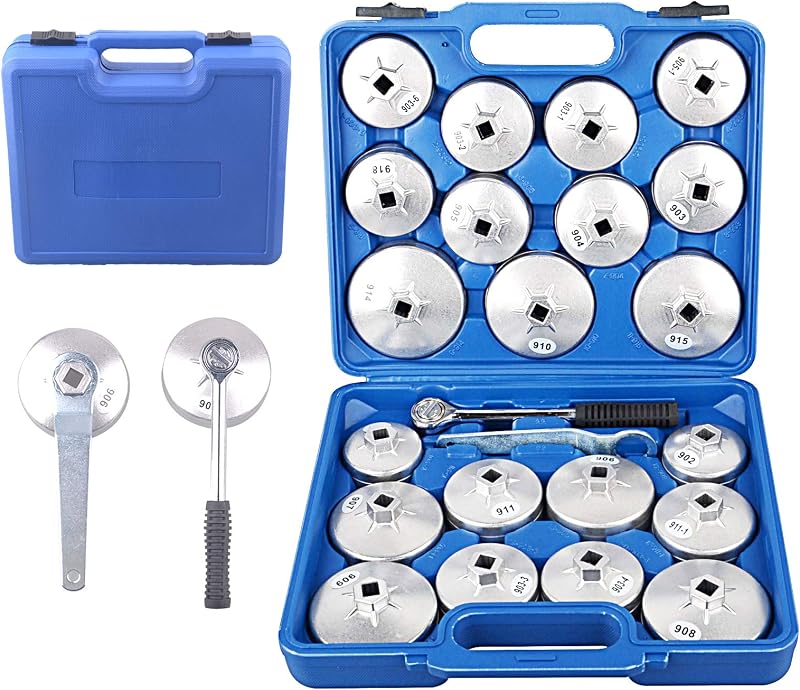 DAYUAN 23Pcs Aluminum Alloy Cup Type Oil Filter Cap Wrench Socket Set | 1/2" Square Drive，Socket-Style Grip，Aluminum Alloy，Ratchet & Ring Spanner Included，Storage Case