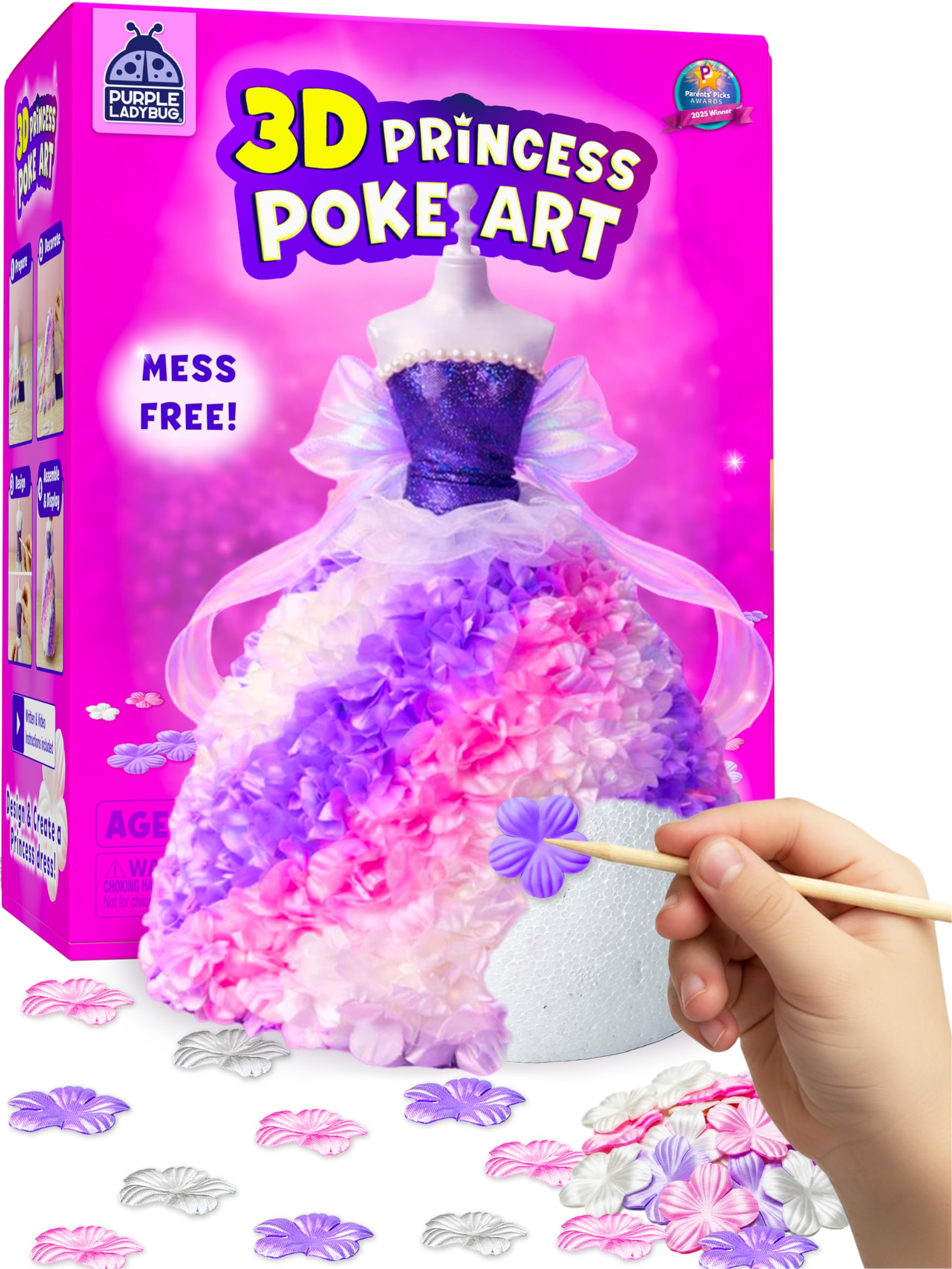 PURPLE LADYBUG 3D Princess Dress Poke Art Kit for Kids Ages 4-8, Mess-Free Birthday Gift for Girls, DIY Flower Foam Craft Kit, Creative Summer