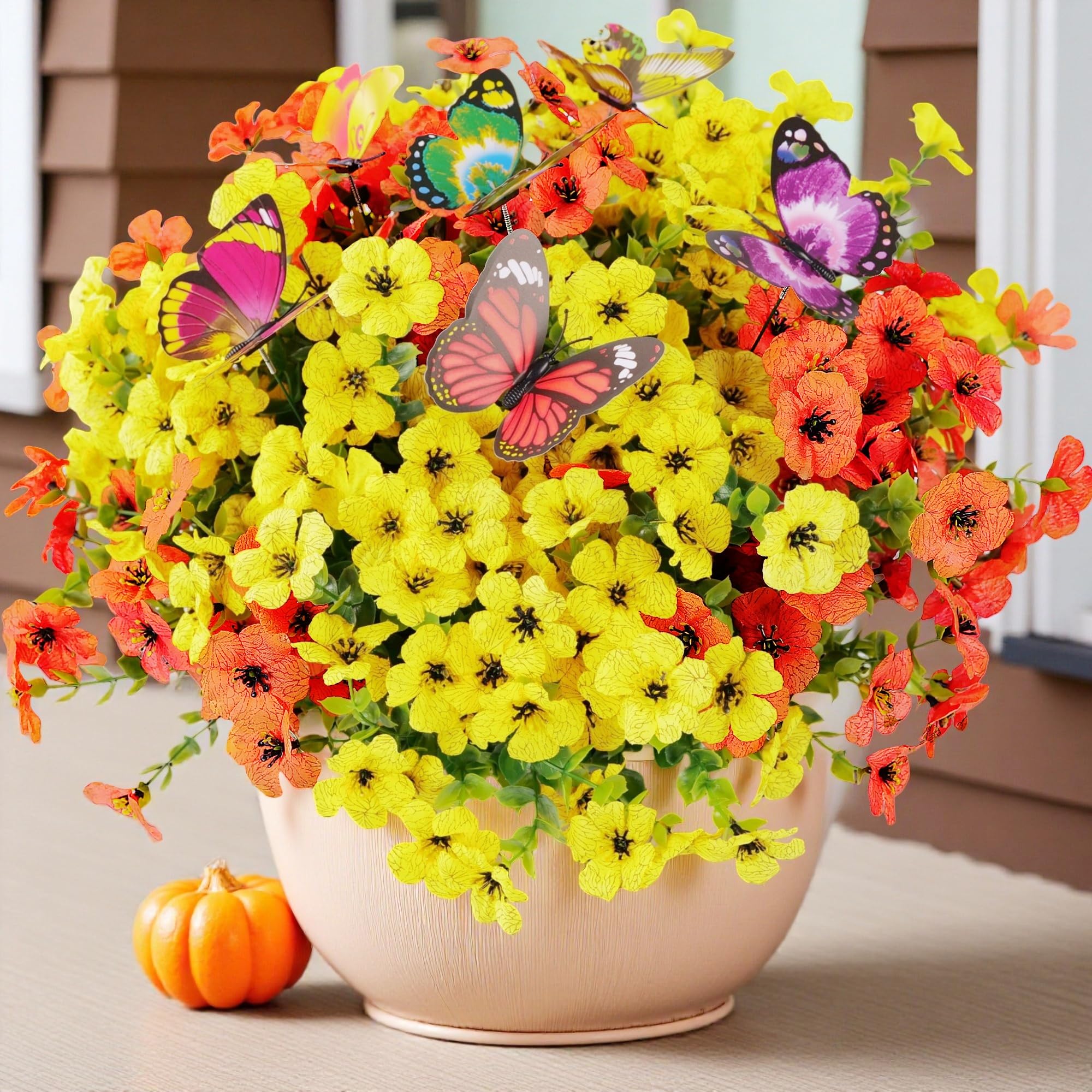 20 Bundles Artificial Flowers for Outdoors and 6 Faux Butterflies, UV Resistant Artificial Outdoor Plants Eucalyptus Silk Violet, Fake Flowers for Patio Garden Porch Home Decor (Or image 2