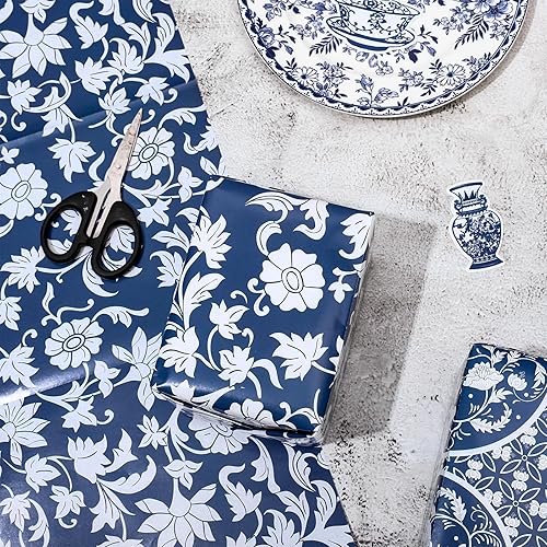 Miniatura 6 de Whaline 12 hojas de papel de regalo chinoiserie azul de 19.7 x 27.6 pulgadas, papel de regalo floral de porcelana de paisaje chino clásico, papel de