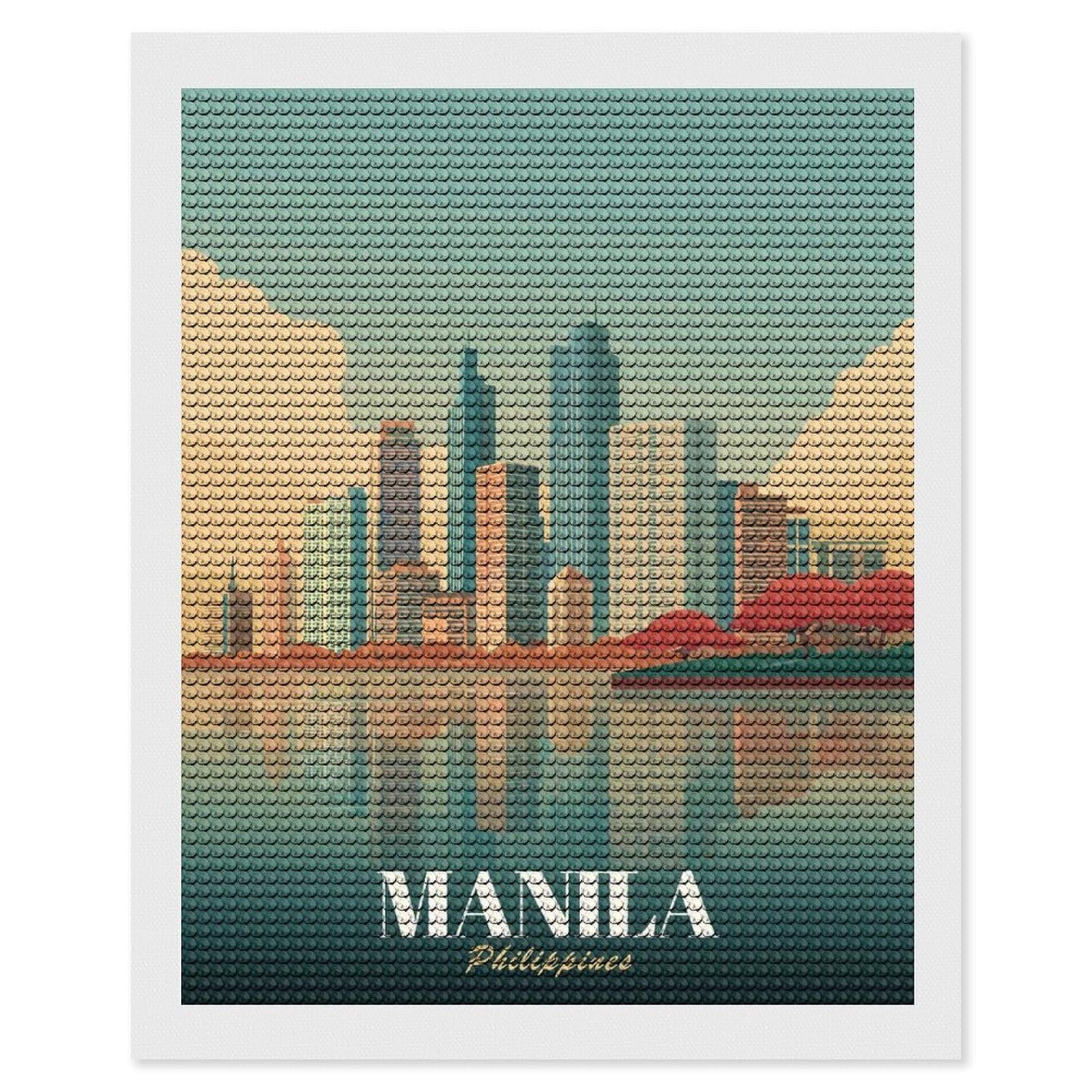Junmoney Manila Skyline Reflection Diamond Painting Set 16"x20", Stress Relief Craft, Easy to Enjoy, Vintage Style Decor, Festive Craft Gift