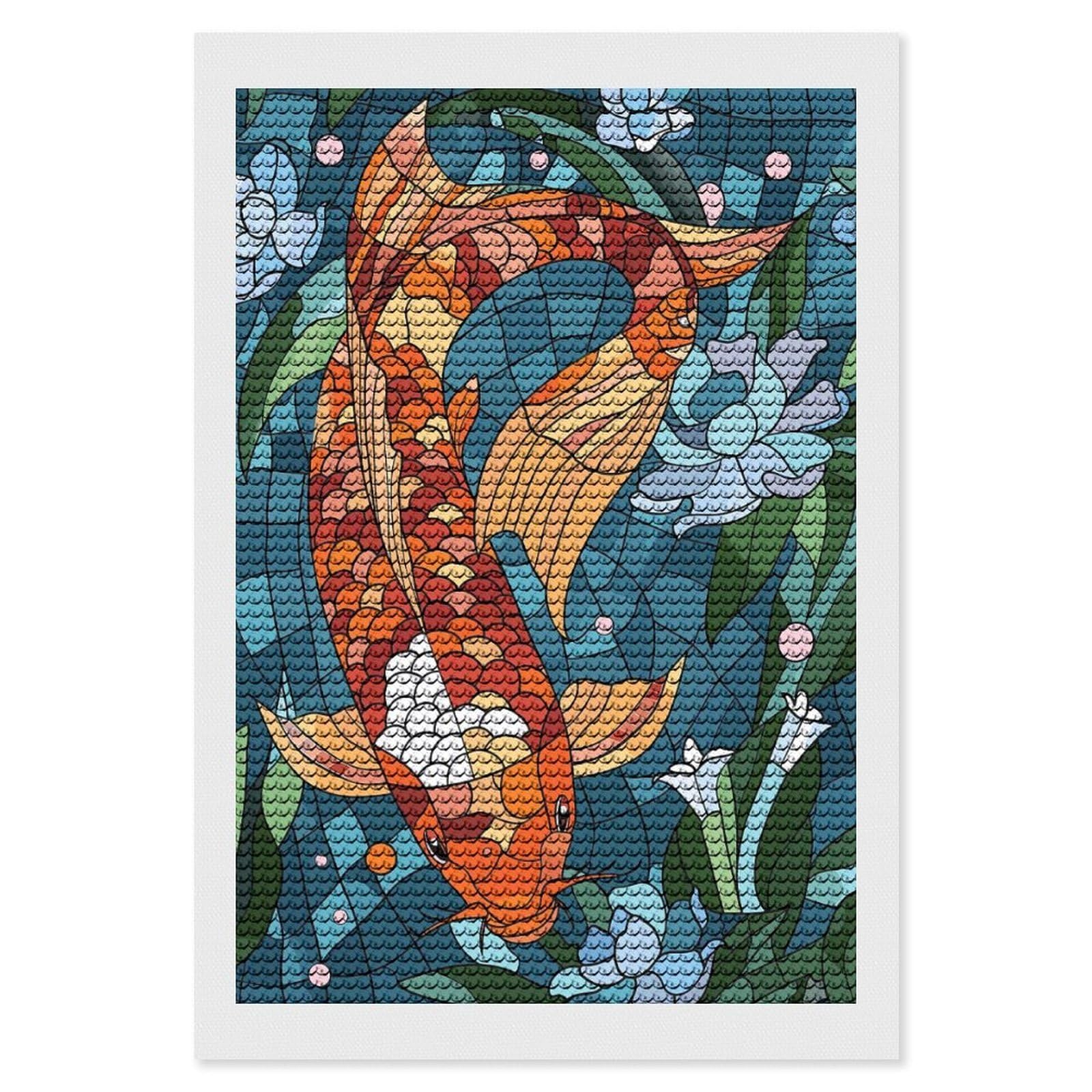 Junmoney Stained Glass Koi Fish and Lotus Flowers Diamond Painting Canvas Kit 8"x12", Adhesive Canvas, Living Room Decor, Farmhouse Decor, Winter Craft