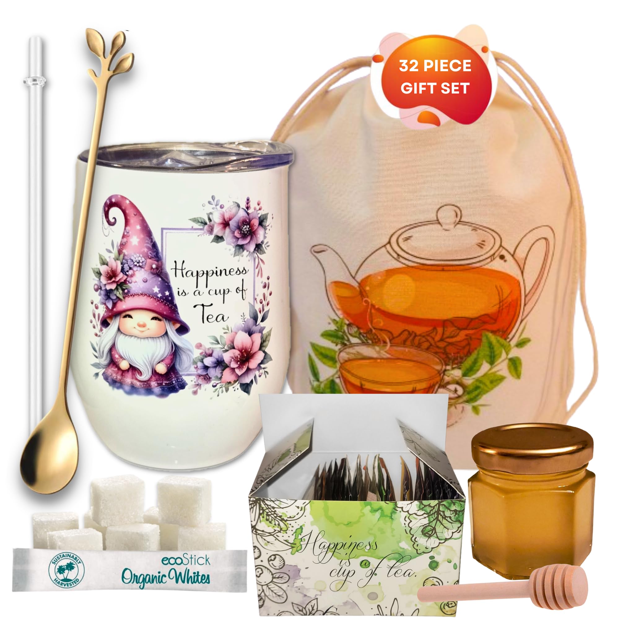 Tea and Honey Gift Set: Tea Gift Basket with 18 Tea Bags, Sugar, and Honey Jar, Tea Gift Set with Tumbler, Variety Tea Sampler for Women and Men Tea Lovers, Get Well Soon, Sympathy & Self Care Package (Gnome)