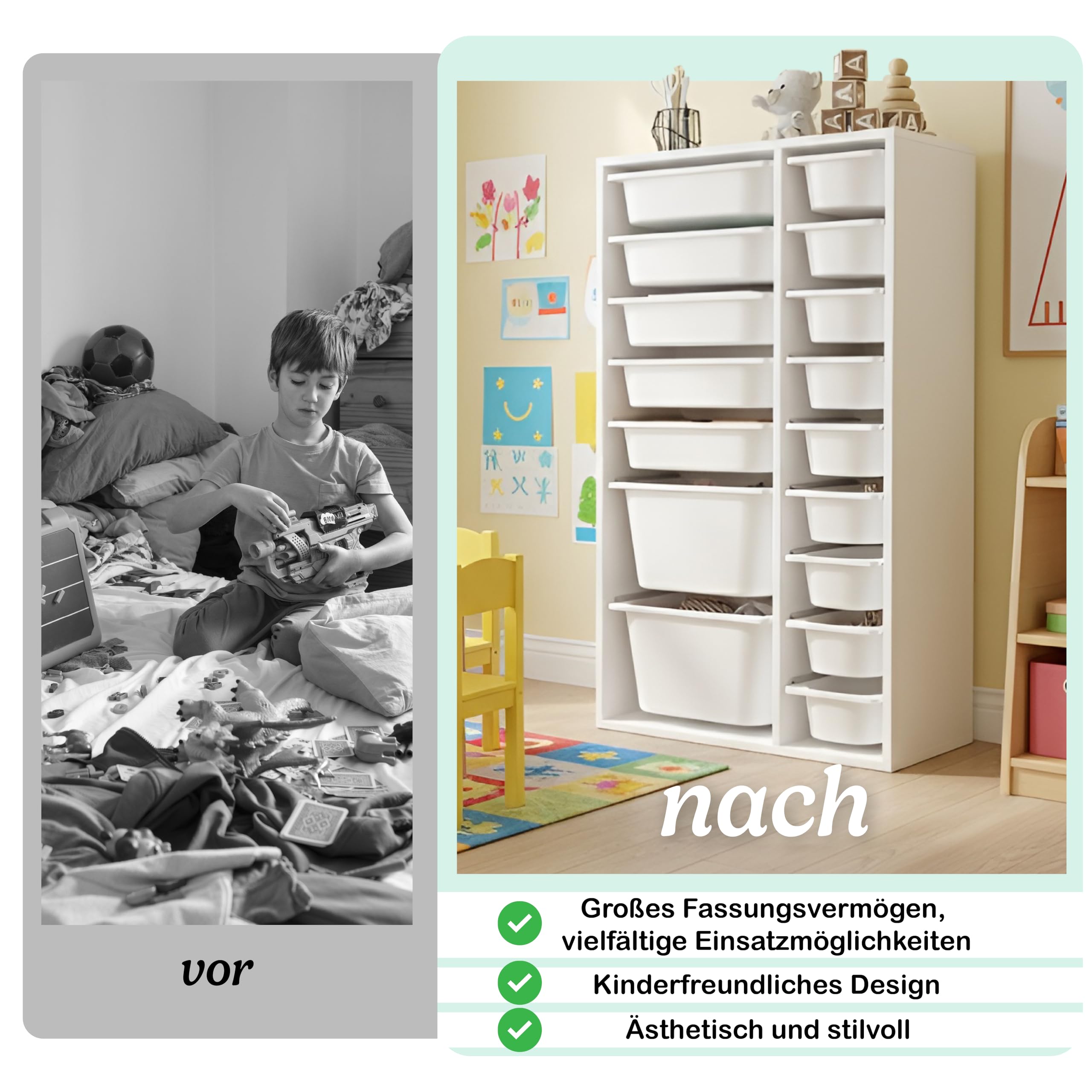 LEOKIDS Spielzeugaufbewahrung mit 16 Boxen – Kinderregal Spielzeugschrank Organizer Weiß MDF