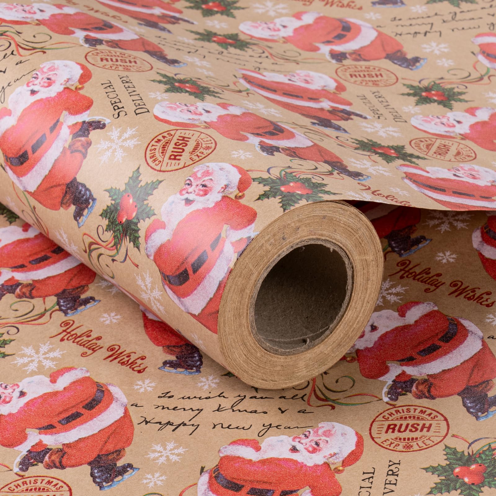 RUSPEPA Christmas Wrapping Paper, Jumbo Roll Kraft Paper - Santa Claus Design for Holiday Gift Wrap - 30 Inches x 100 Feet