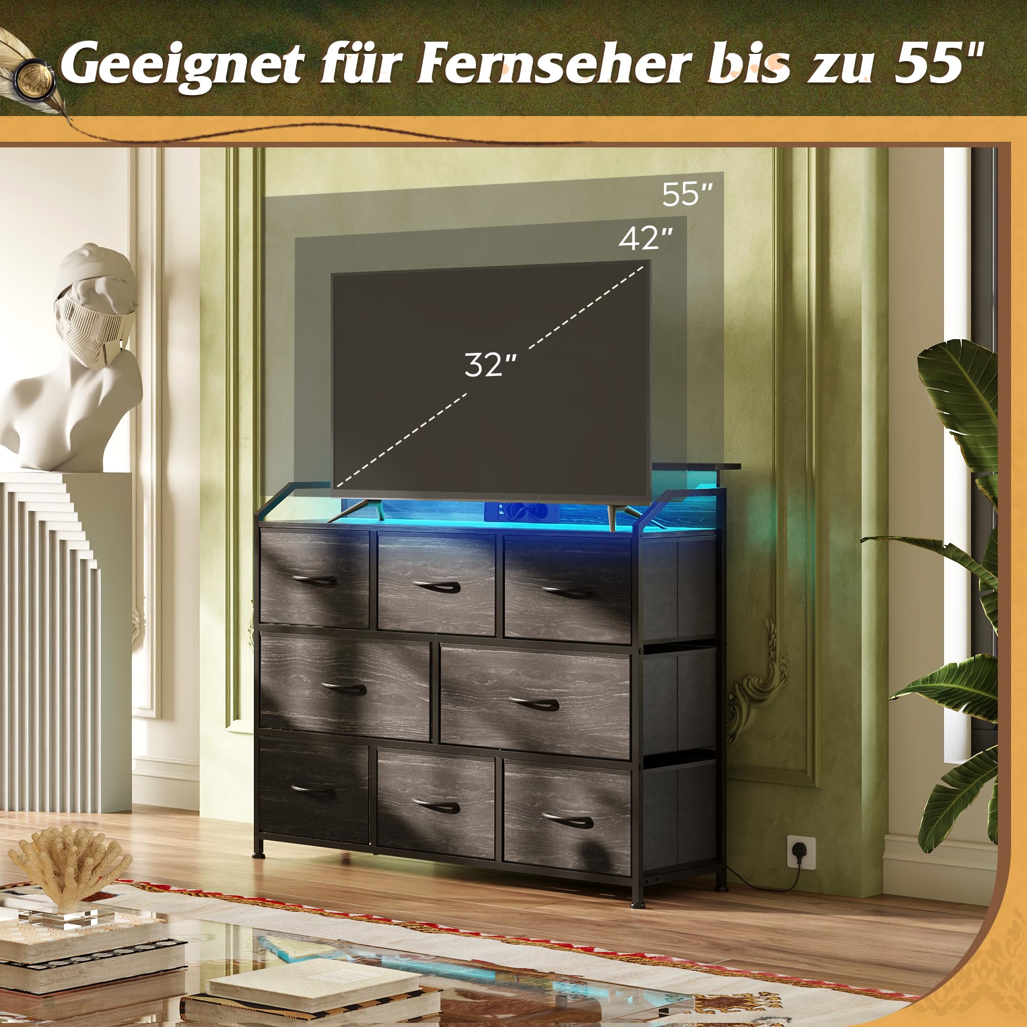 WLIVE Kommode mit Schubladen, komode Schlafzimmer mit 8 Stoffschubladen | Kommoden & Sideboards mit LED und Ladestation, Holzplatte und Stabiles Stahlgestell für Wohnzimmer, Anthrazit Holzdekor