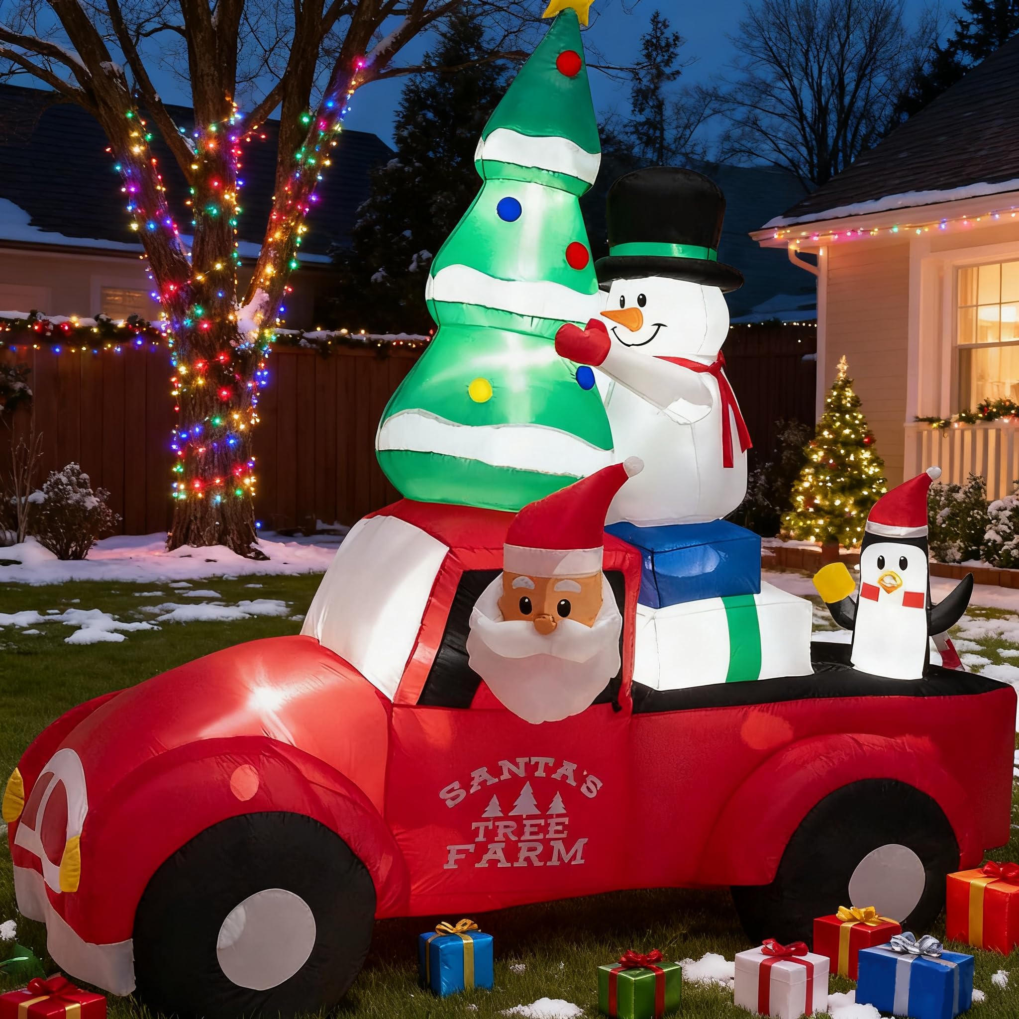 GOPLUS 2,4m aufblasbarer Weihnachtsmann Deko, Santa Claus im Auto mit LED Lichtern & Gebläse, Weihnachtsdeko XXL aufblasbar mit Weihnachtsbaum, Schneemann & Pinguin für drinnen & draußen