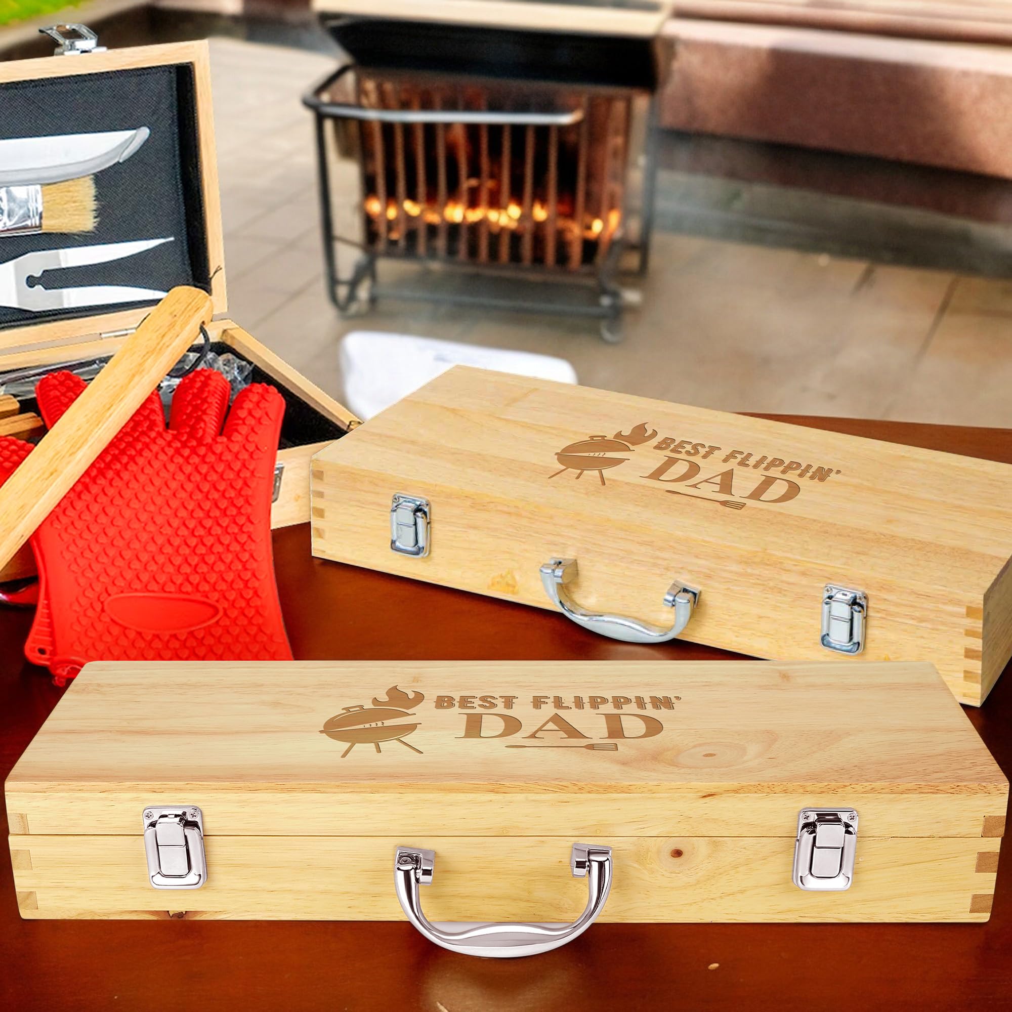11-teiliges BBQ Grillset mit gravierter Ahornholzbox, Edelstahl-Werkzeuge mit Holzgriffen, ideales Geschenk für Papa zum Geburtstag, Vatertag - Best Flipping Dad